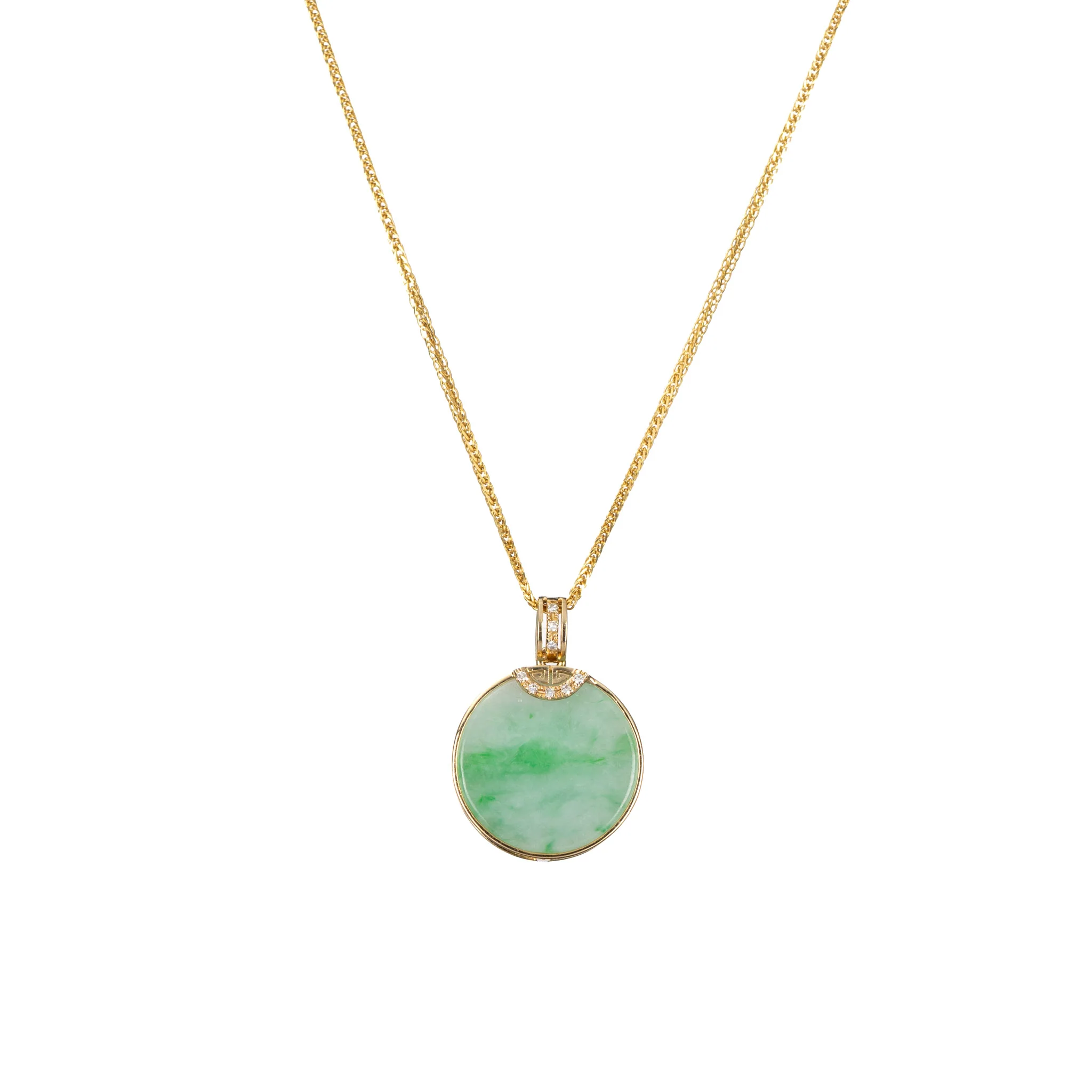 18K Yellow Gold Mini Circular Jadeite Jade Pendant  - Floral Frame
