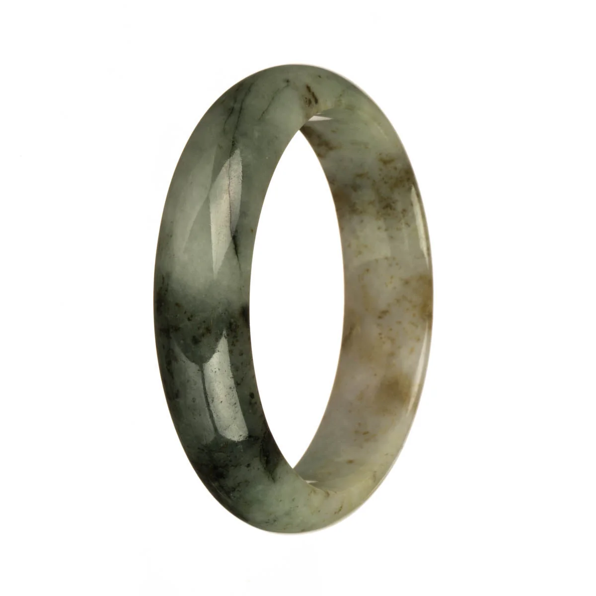 Genuine Grade A White and Grey with Deep Green and Brown Patterns Jadeite Jade Bangle Bracelet - 59mm Half Moon