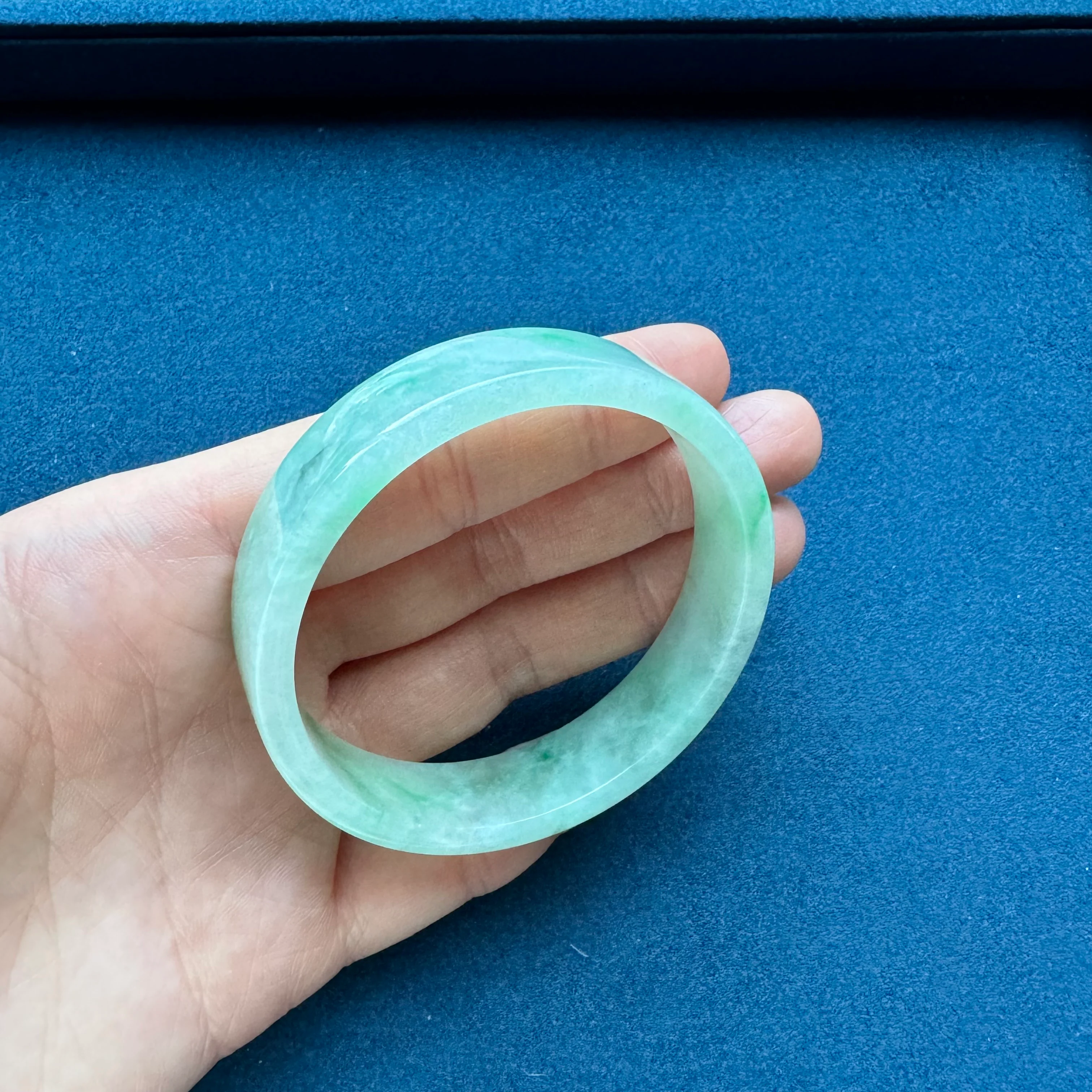 Authentic Grade A Green Pattern Burma Jade Bangle Bracelet - 52mm Flat - Image 6