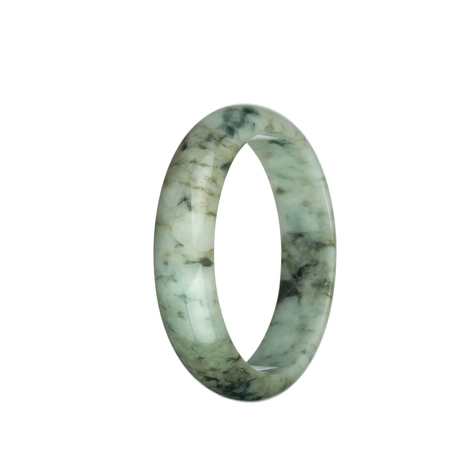 Authentic Type A Pale Green with Olive Green and Dark Green Patterns Jadeite Jade Bangle Bracelet - 58mm Half Moon
