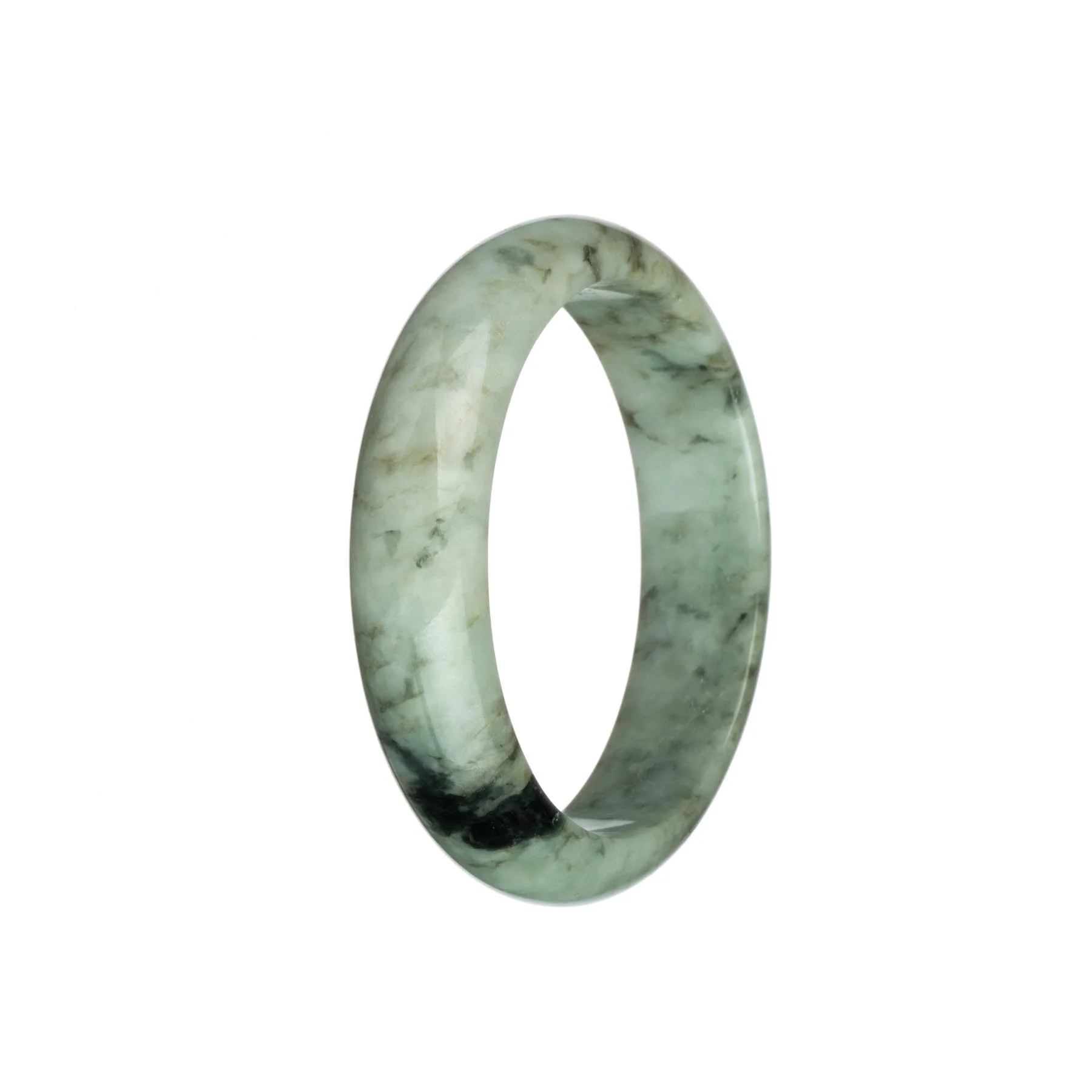 Authentic Type A Pale Green with Olive Green and Dark Green Patterns Jadeite Jade Bangle Bracelet - 58mm Half Moon - Image 3
