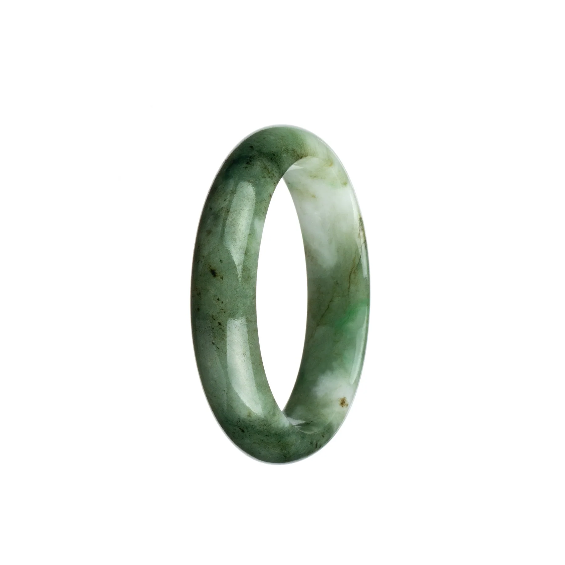Genuine Grade A Olive Green and White Burma Jade Bangle Bracelet - 53mm Half Moon - Image 2