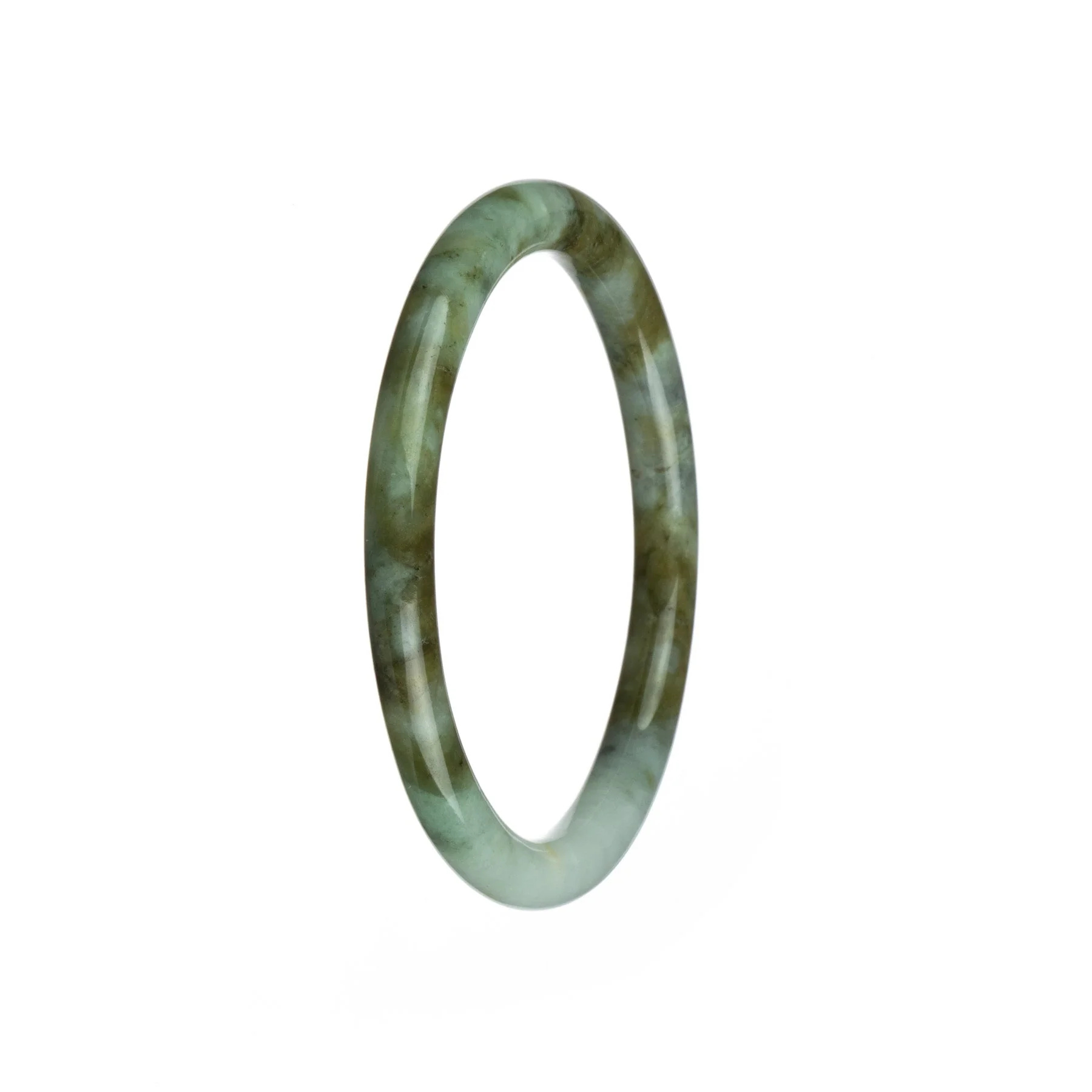 Genuine Type A White with Brown Pattern Burmese Jade Bangle - 61mm Petite Round - Image 2