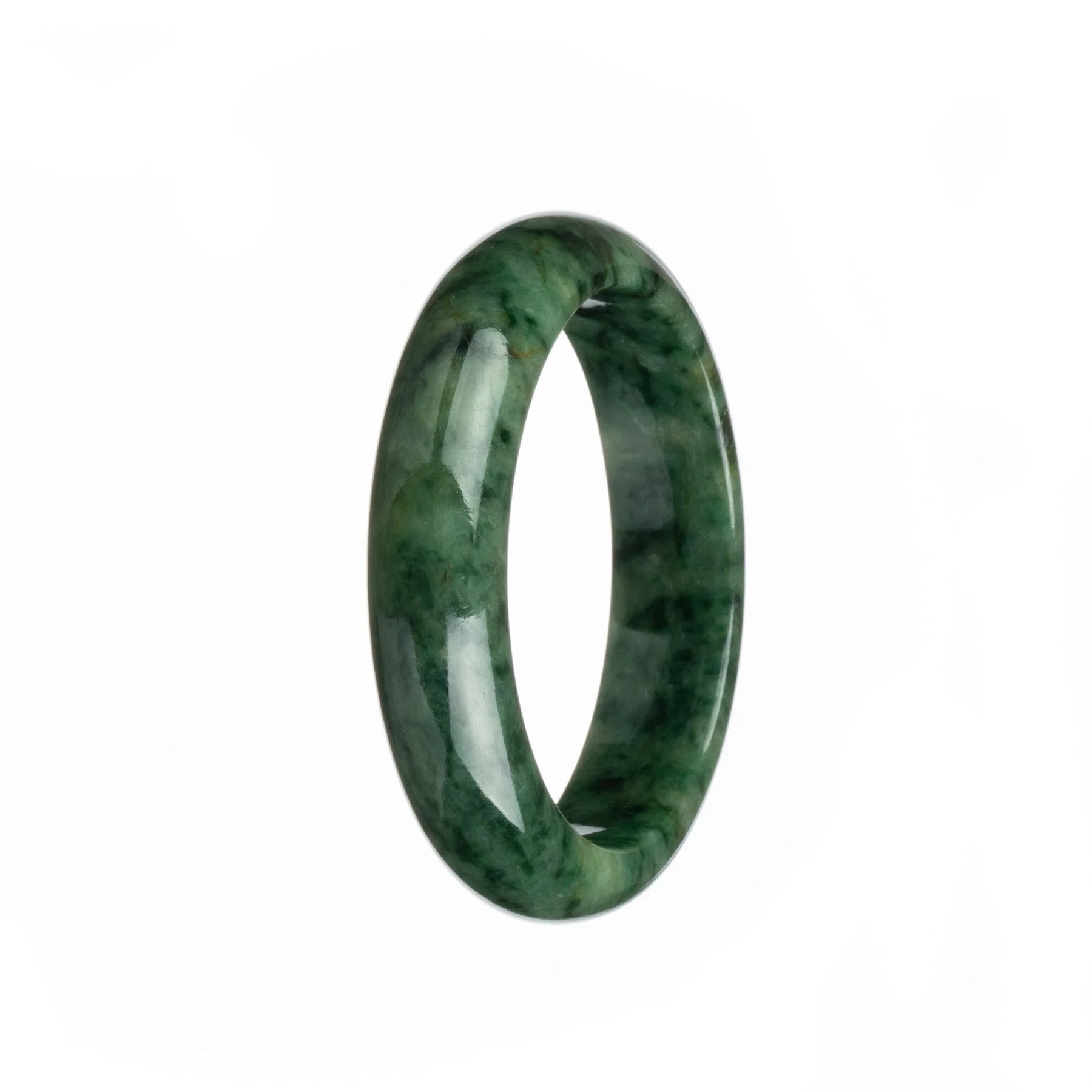 Authentic Type A Deep Green Pattern Jadeite Bangle - 57mm Half Moon