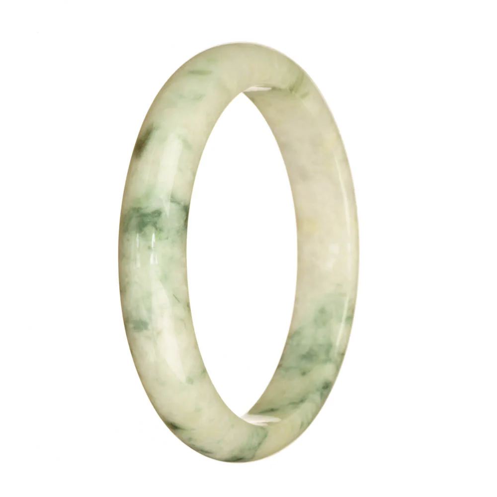 Authentic Untreated White and Greyish Green Pattern Jadeite Bangle - 65mm Half Moon