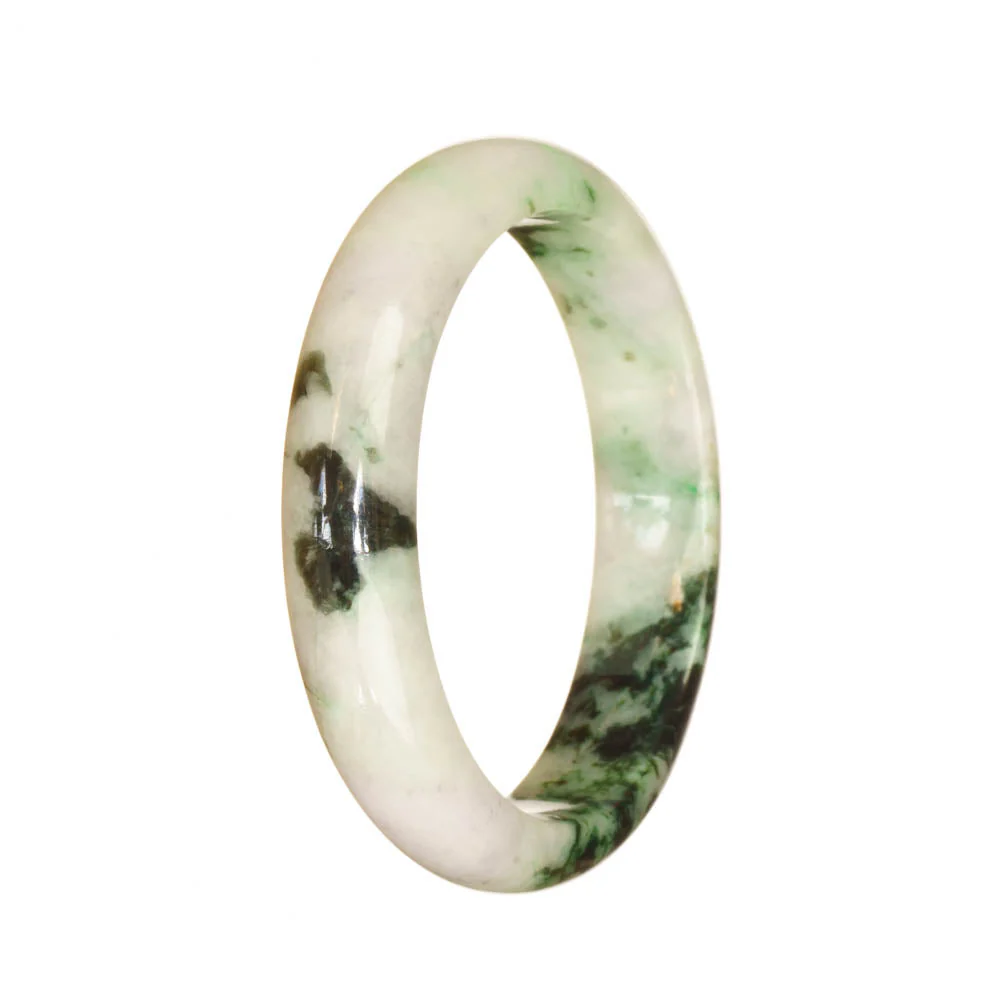 Genuine Grade A White with Deep Green Pattern Jadeite Bracelet - 54mm Half Moon