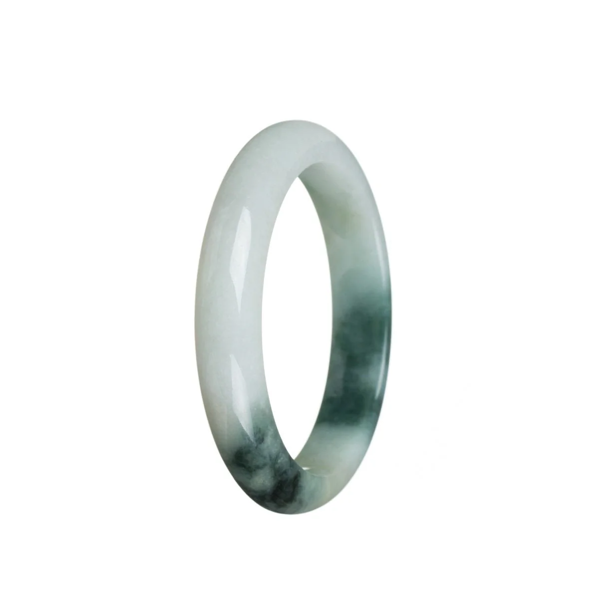 Genuine Grade A White with green flower Traditional Jade Bracelet - 55mm Semi Round