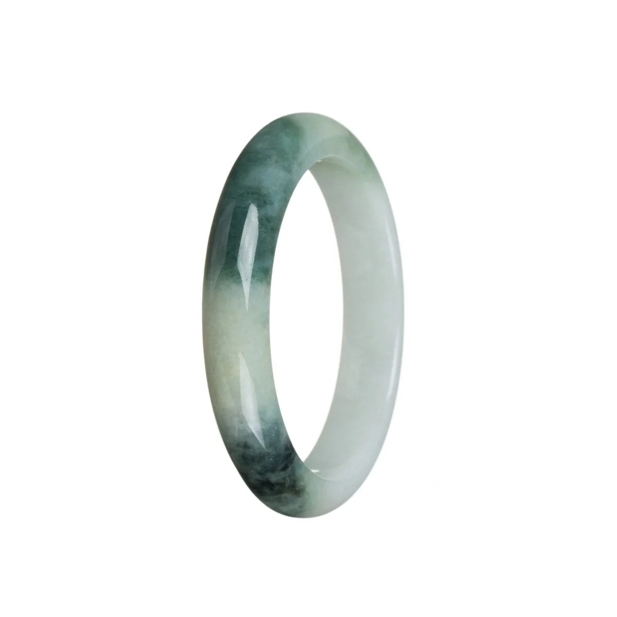 Genuine Grade A White with green flower Traditional Jade Bracelet - 55mm Semi Round - Image 2