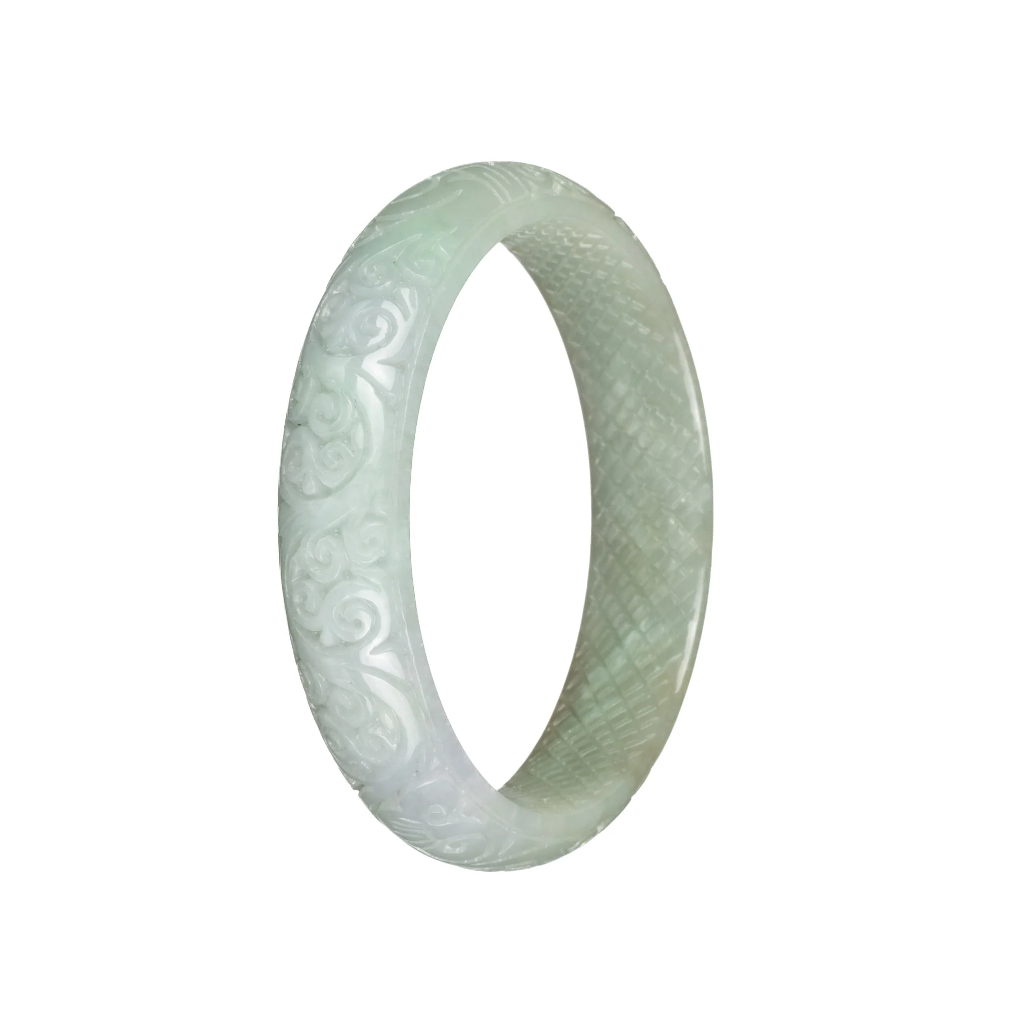Certified Grade A Pale Green Burmese Jade Bangle - 61mm Carved - Image 2