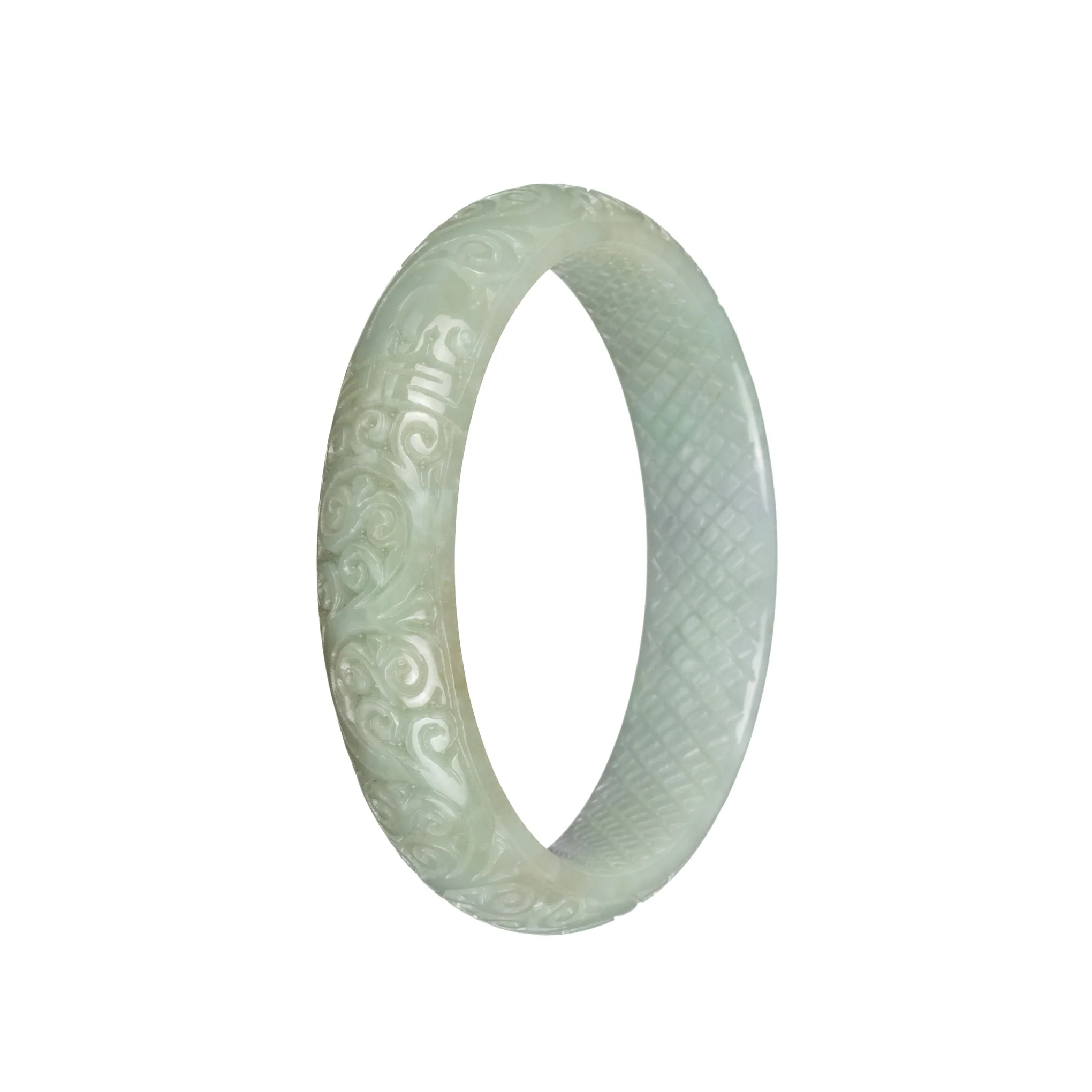 Certified Grade A Pale Green Burmese Jade Bangle - 61mm Carved - Image 3