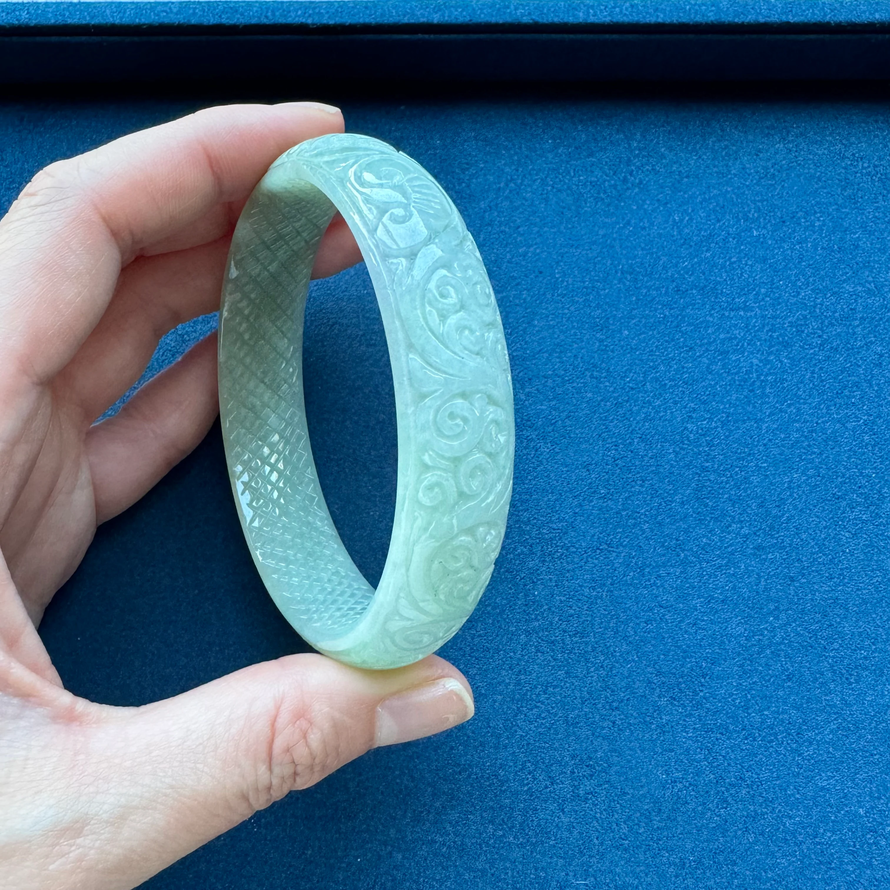 Certified Grade A Pale Green Burmese Jade Bangle - 61mm Carved - Image 6