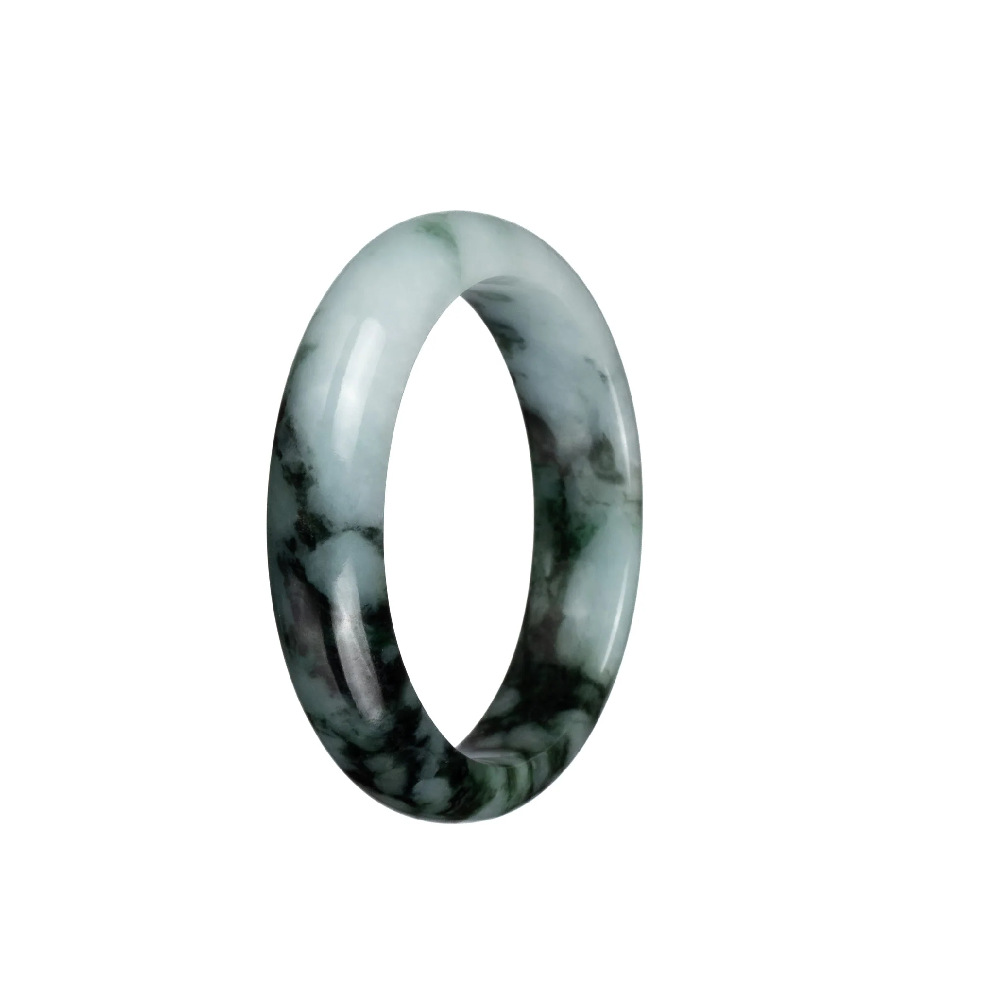 Certified Grade A Pale Green with Dark Green Patterns Burma Jade Bangle Bracelet - 53mm Half Moon - Image 3