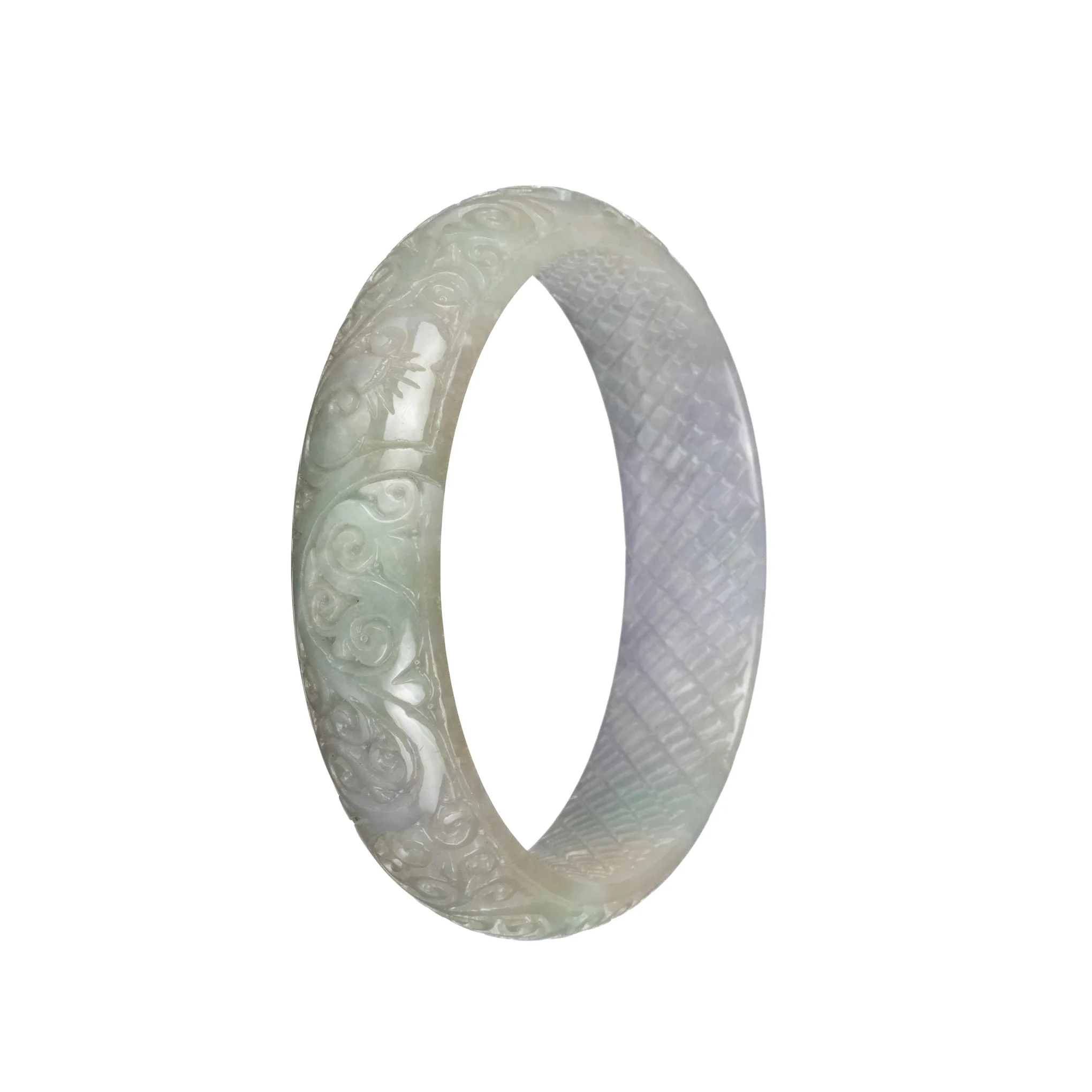 Certified Grade A Pale Green with Pale Lavender Burma Jade Bangle - 60mm Carved - Image 3