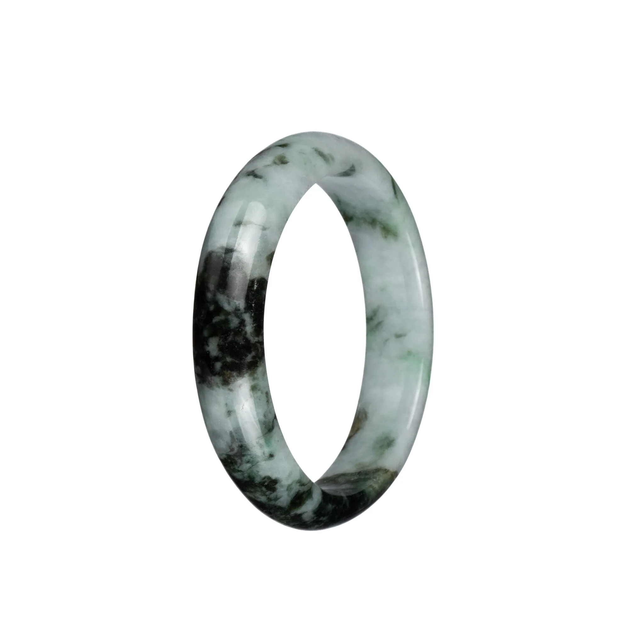 Certified Natural Greyish White with Dark Green and Apple Green Patterns Jade Bangle - 54mm Half Moon - Image 2