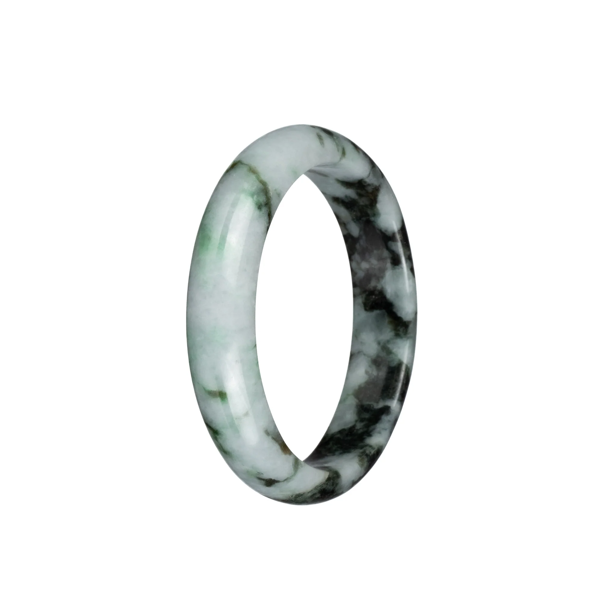 Certified Natural Greyish White with Dark Green and Apple Green Patterns Jade Bangle - 54mm Half Moon - Image 3