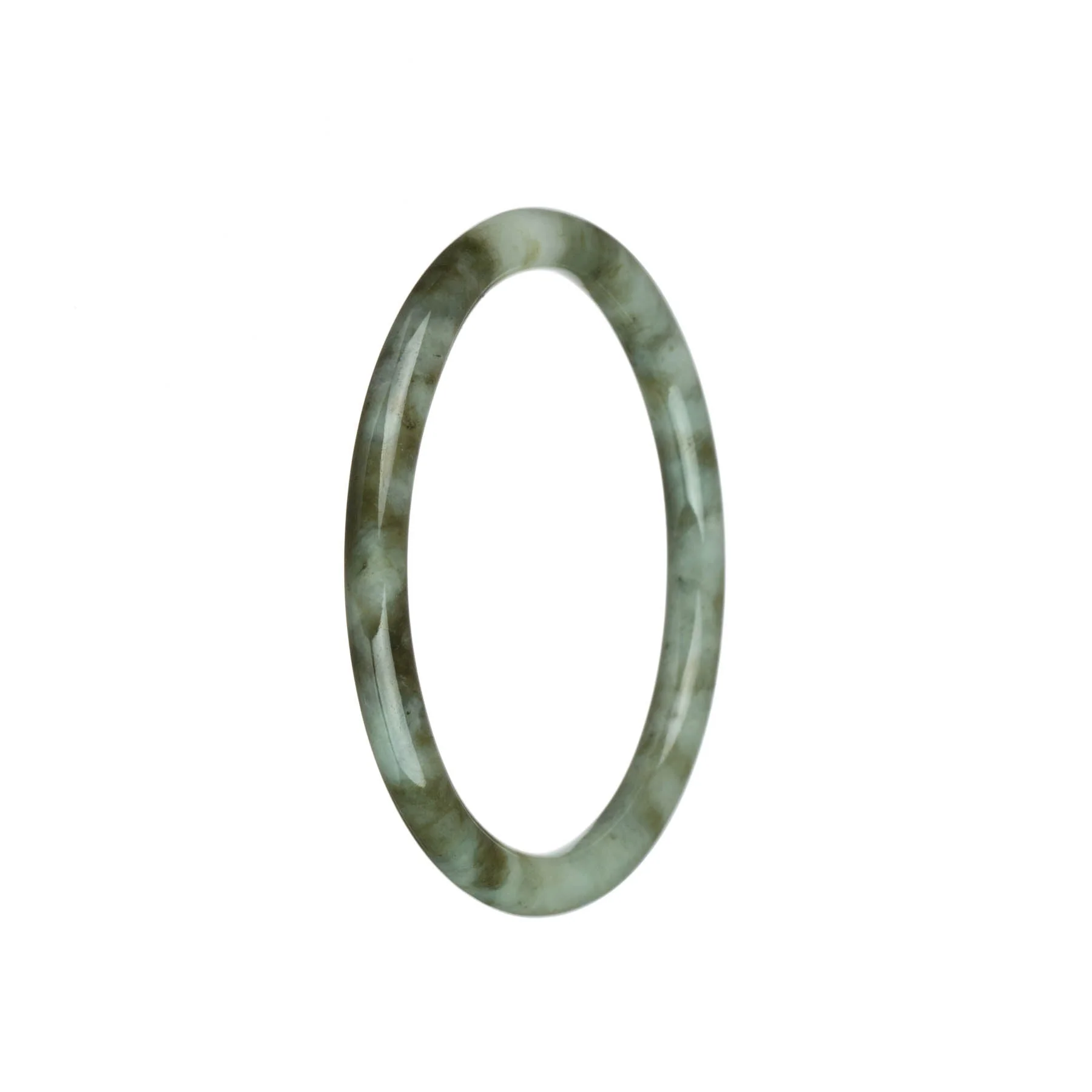 Certified Untreated White with Olive Green Patterns Traditional Jade Bangle - 62mm Petite Round
