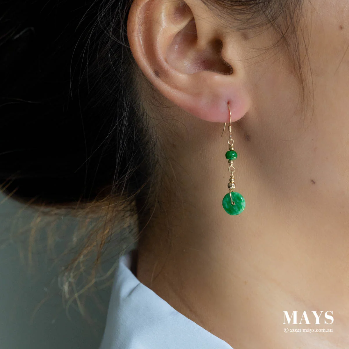 Emerald Green Jade Gold Drop Earrings - Image 2