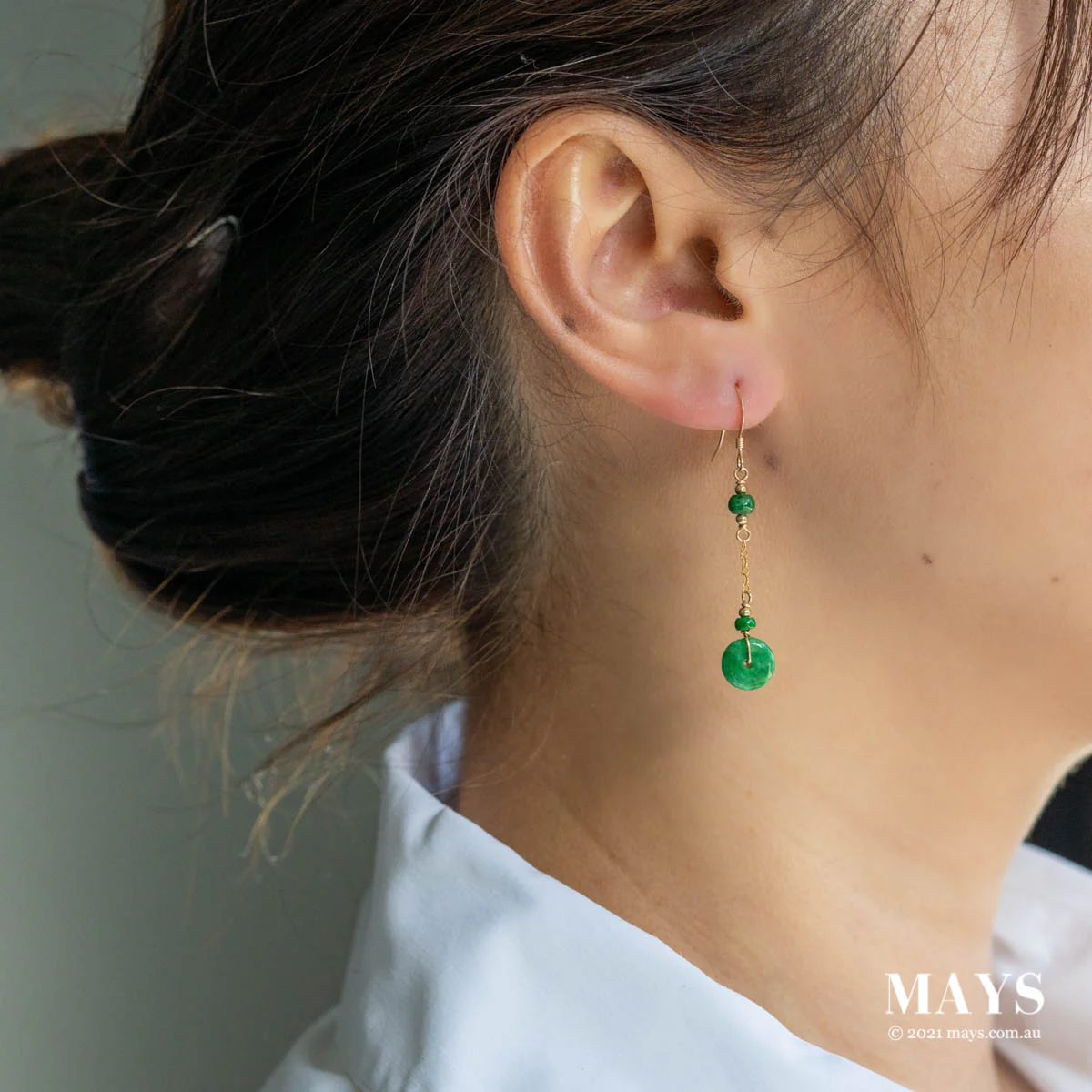 Emerald Green Jade Gold Drop Earrings - Image 2