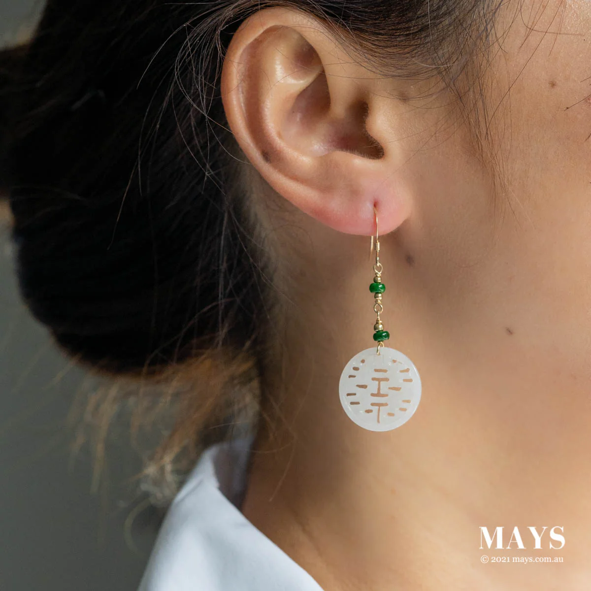 White Jade Gold Drop Earrings - Image 2