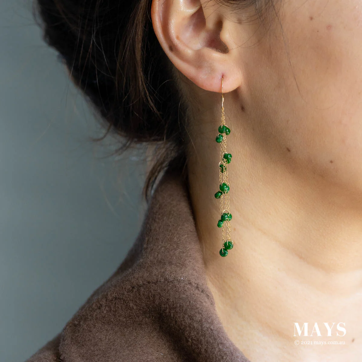 Emerald Green Jade Gold Drop Earrings - Image 2