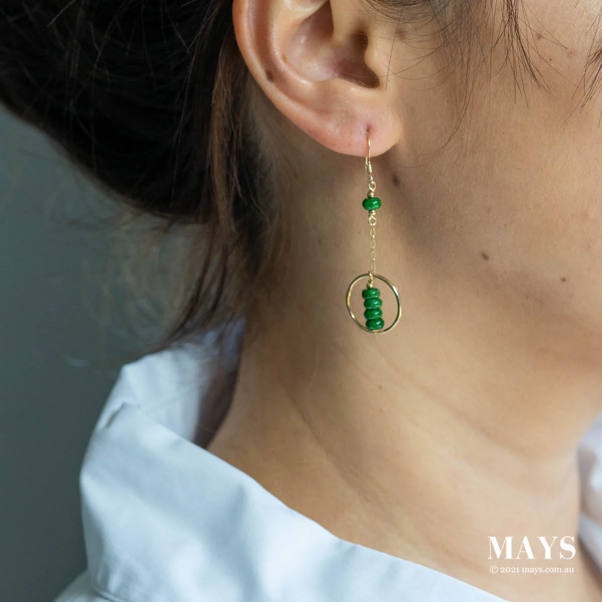 Emerald Green Jade Gold Drop Earrings - Image 2