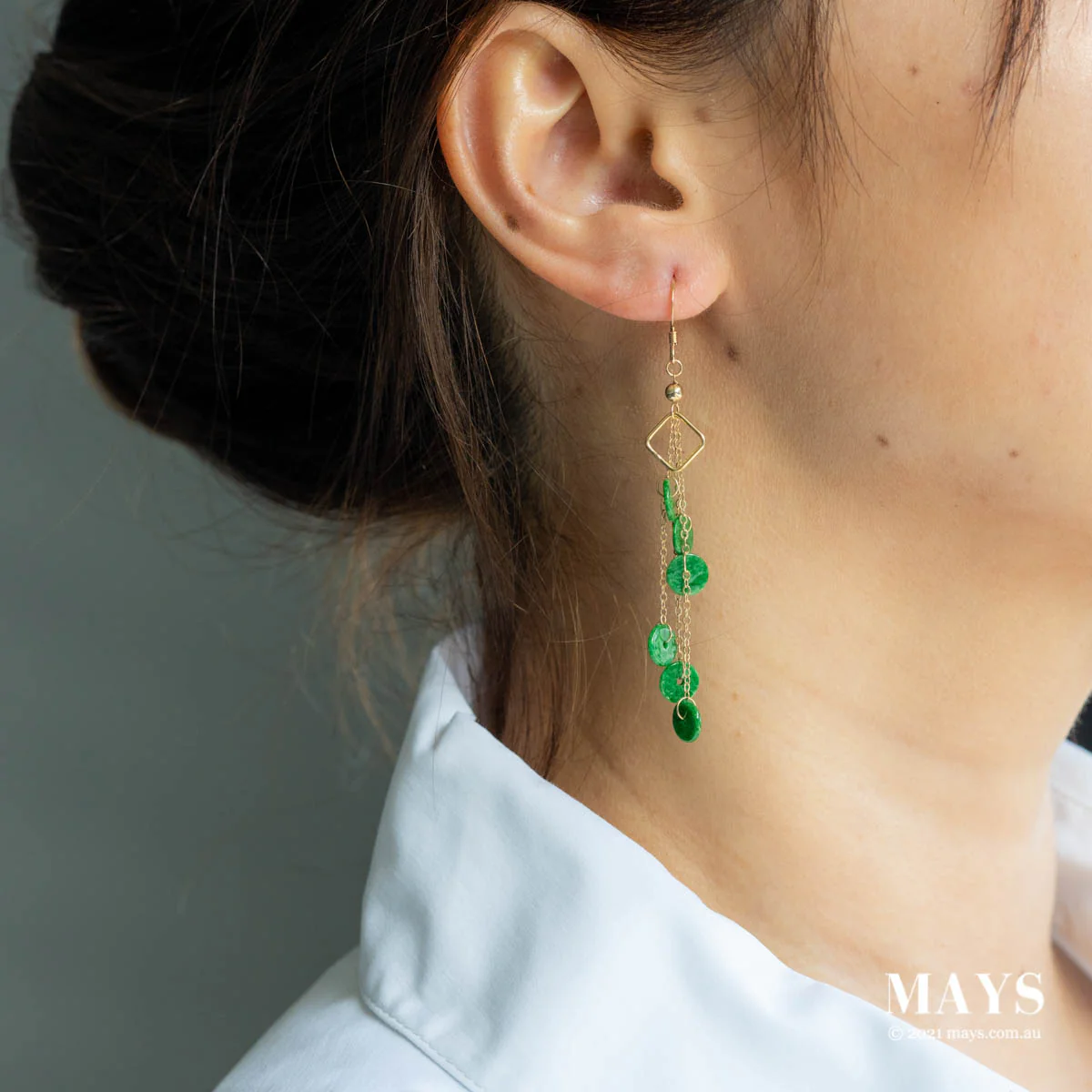 Imperial Green Jade Gold Drop Earrings - Image 2