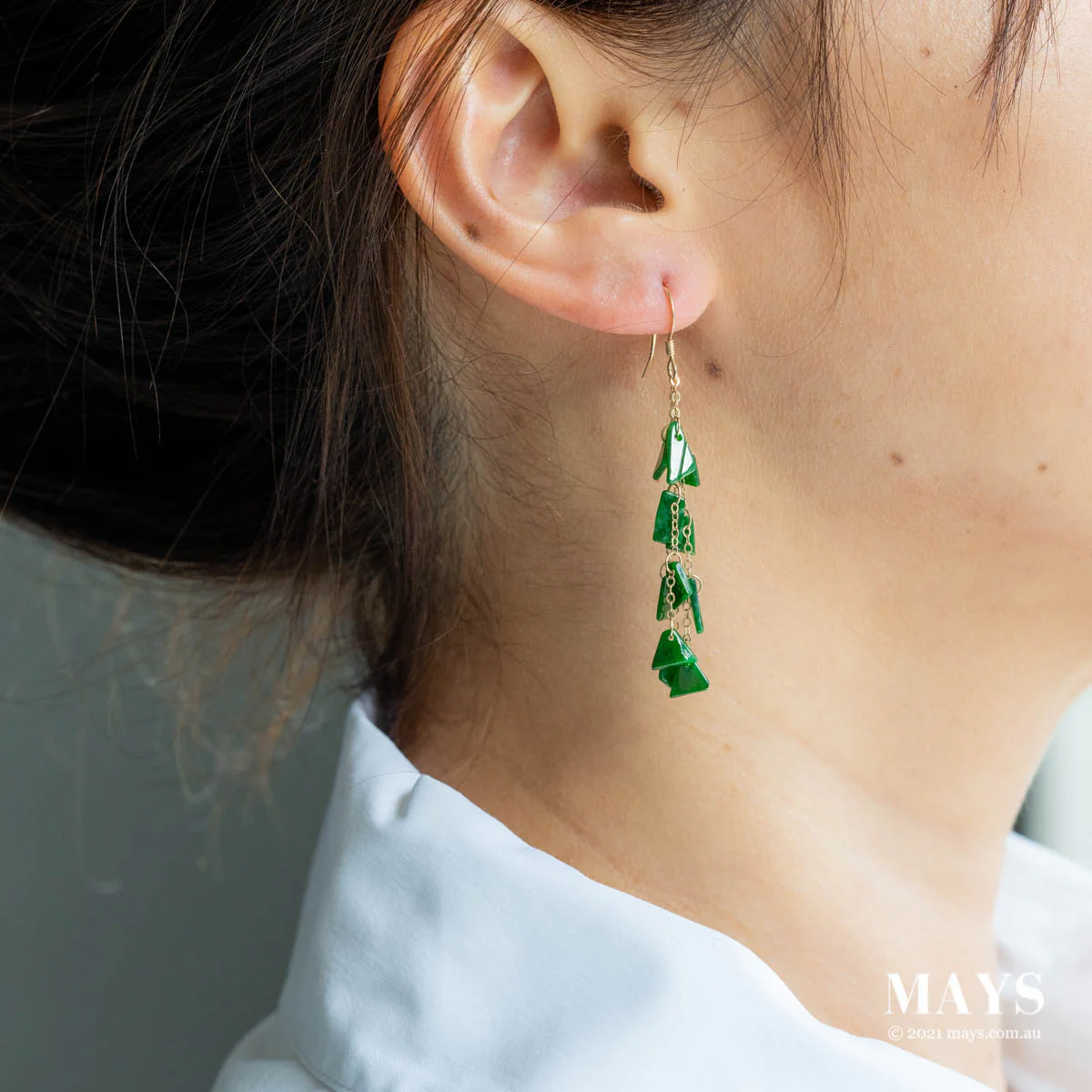 Imperial Green Jade Gold Drop Earrings - Image 2