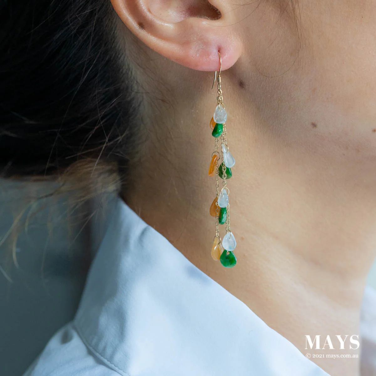 Mixed: Green White Yellow Jade Gold Drop Earrings - Image 2