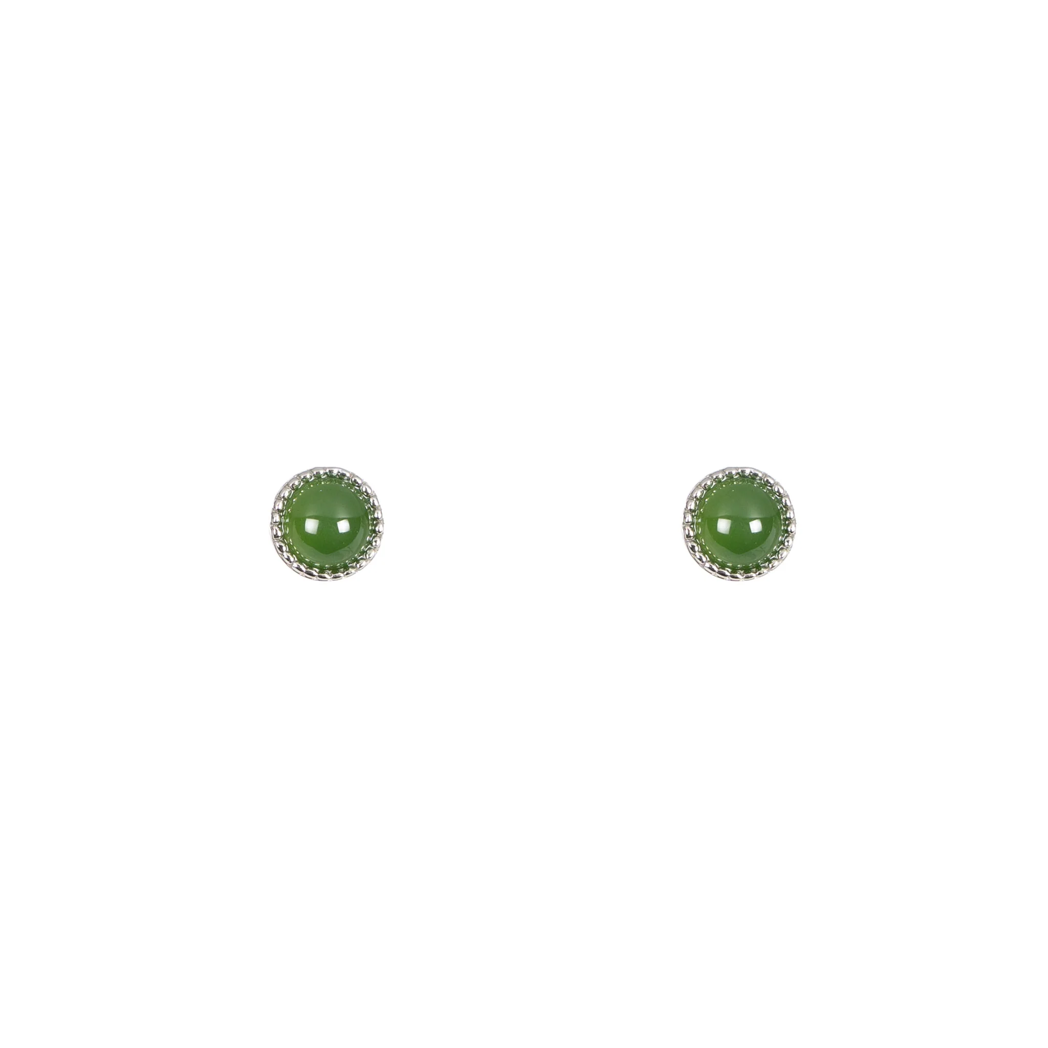 Evergreen – Nephrite Jade Stud Earrings in Sterling Silver with Beaded Bezel
