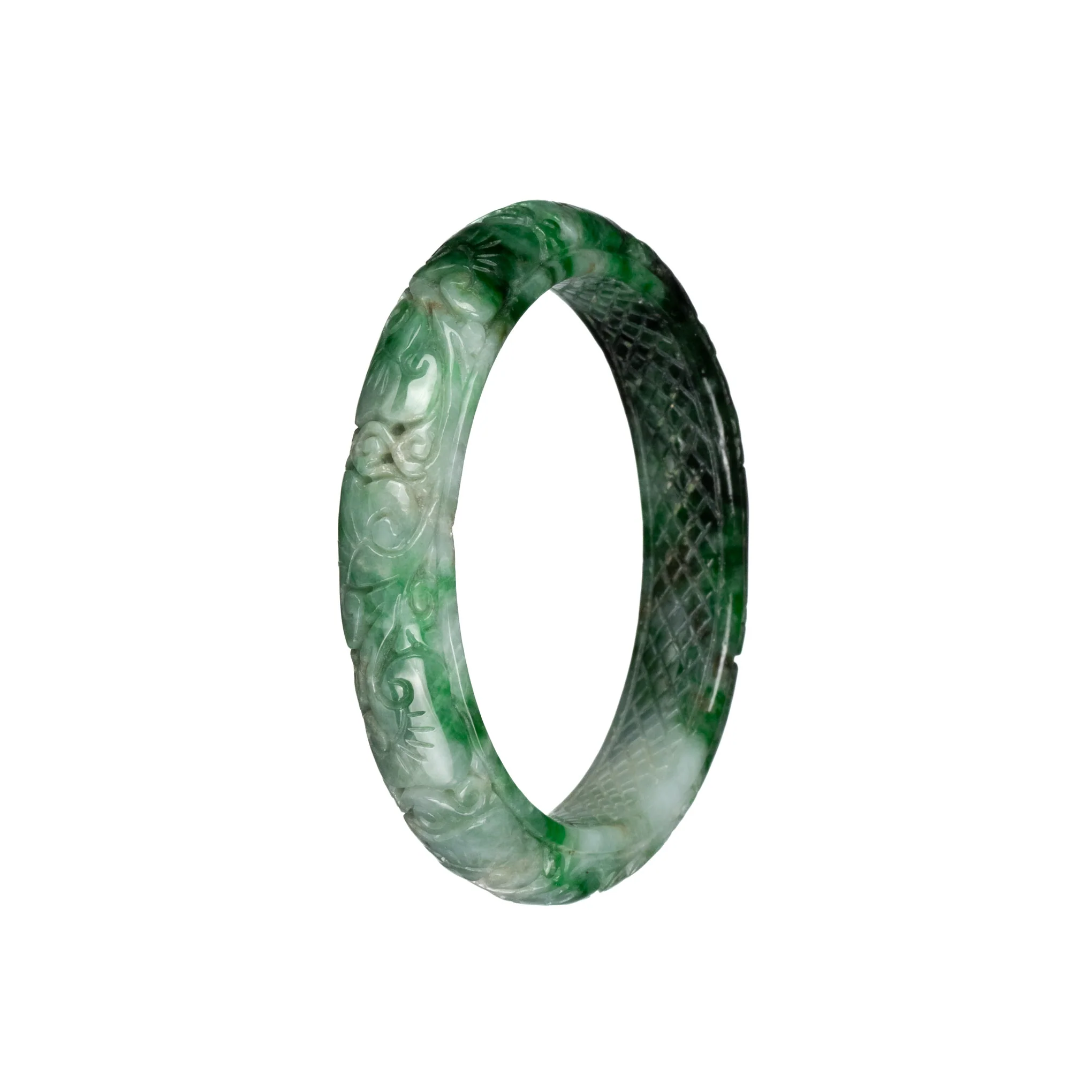 Genuine Grade A Deep Green and White with Apple Green Pattern Jade Bangle - 55mm Carved - Image 2
