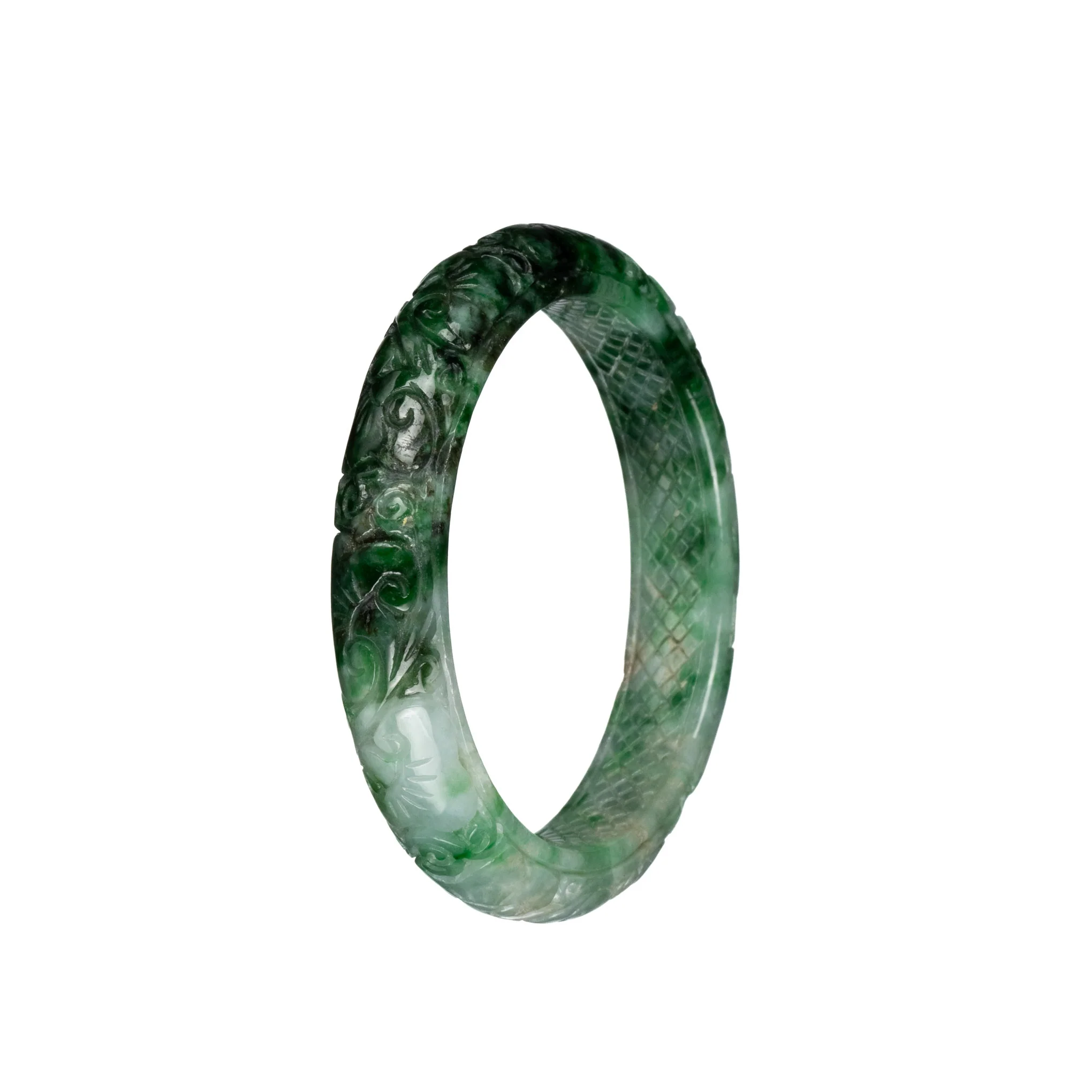 Genuine Grade A Deep Green and White with Apple Green Pattern Jade Bangle - 55mm Carved - Image 3