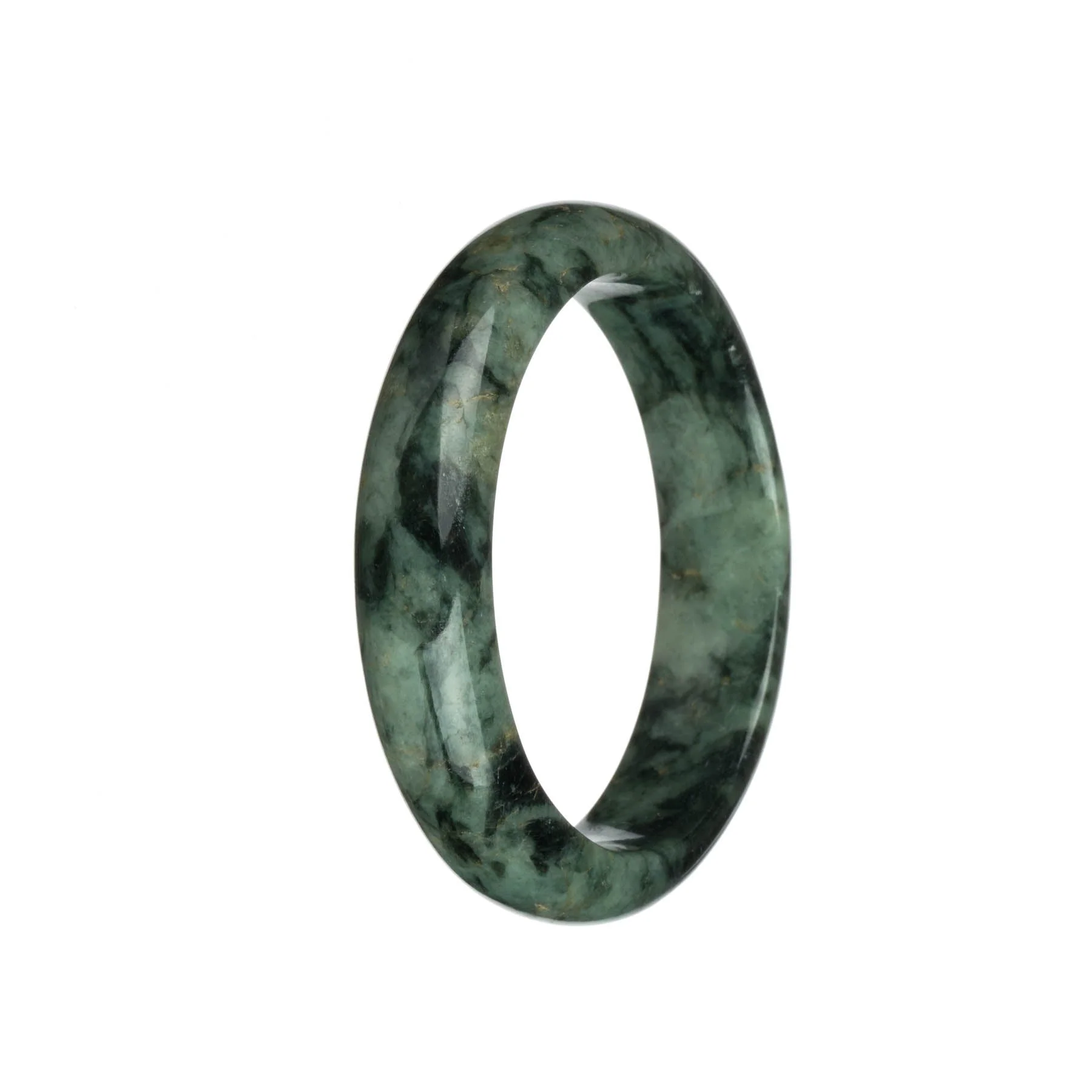 Genuine Grade A Green with Dark Green and Light Brown Patterns Traditional Jade Bracelet - 60mm Half Moon - Image 3