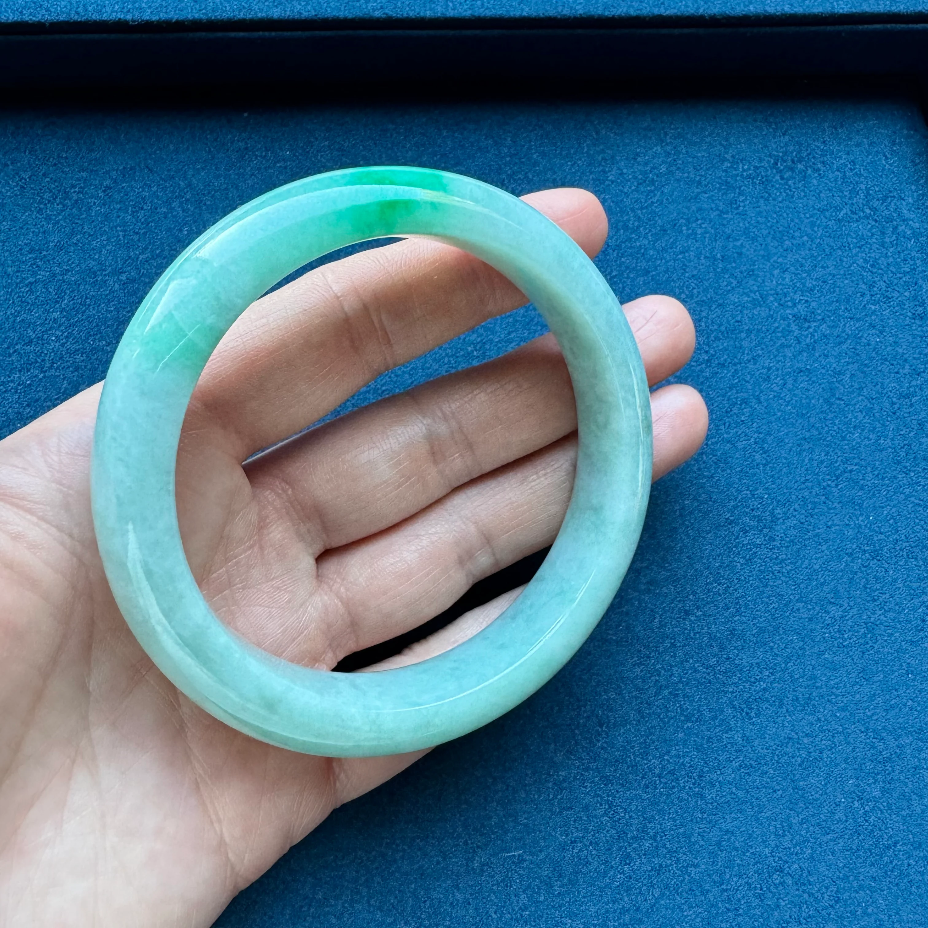 Genuine Grade A Light Green with Emerald Green Jade Bangle - 59mm Half Moon - Image 4