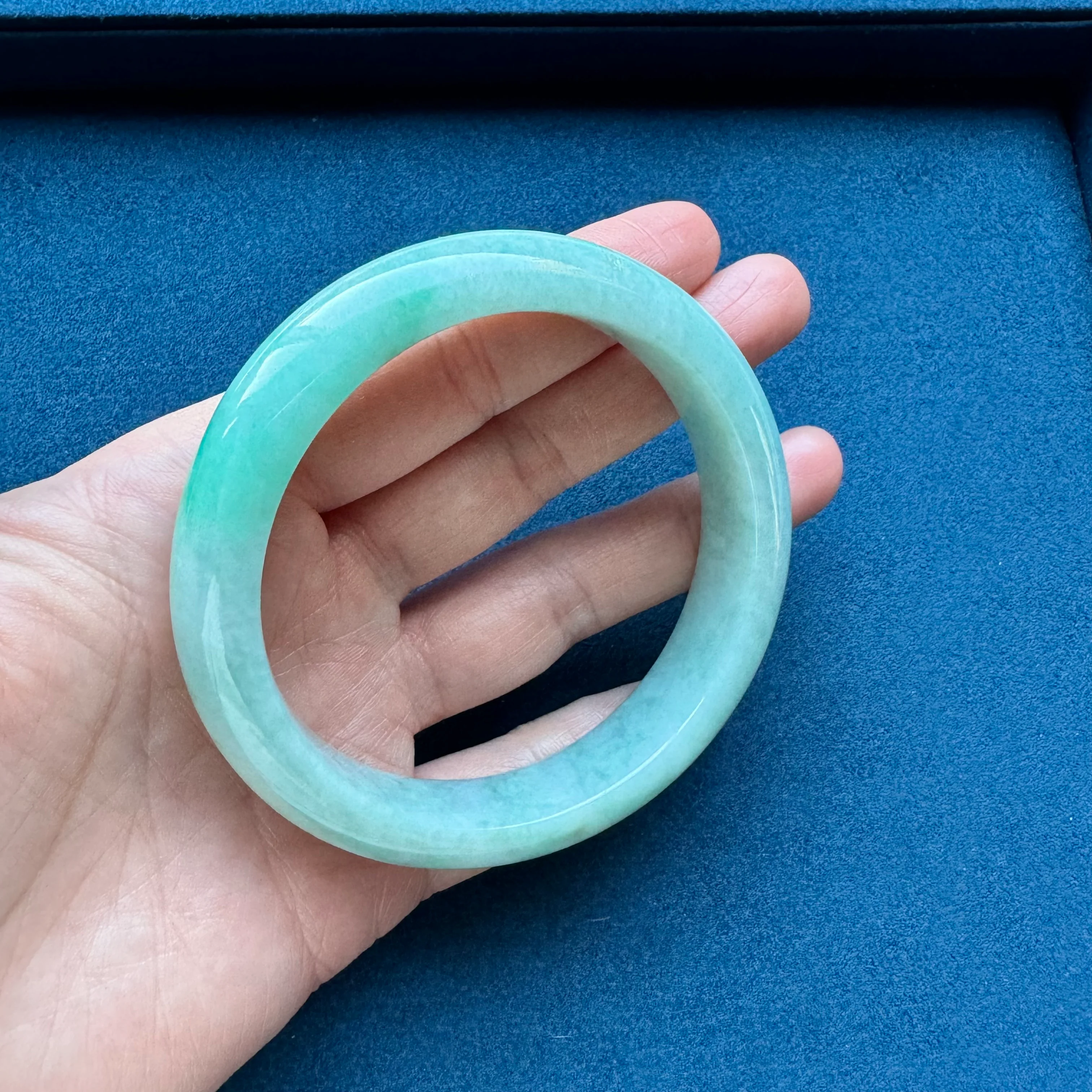 Genuine Grade A Light Green with Emerald Green Jade Bangle - 59mm Half Moon - Image 5