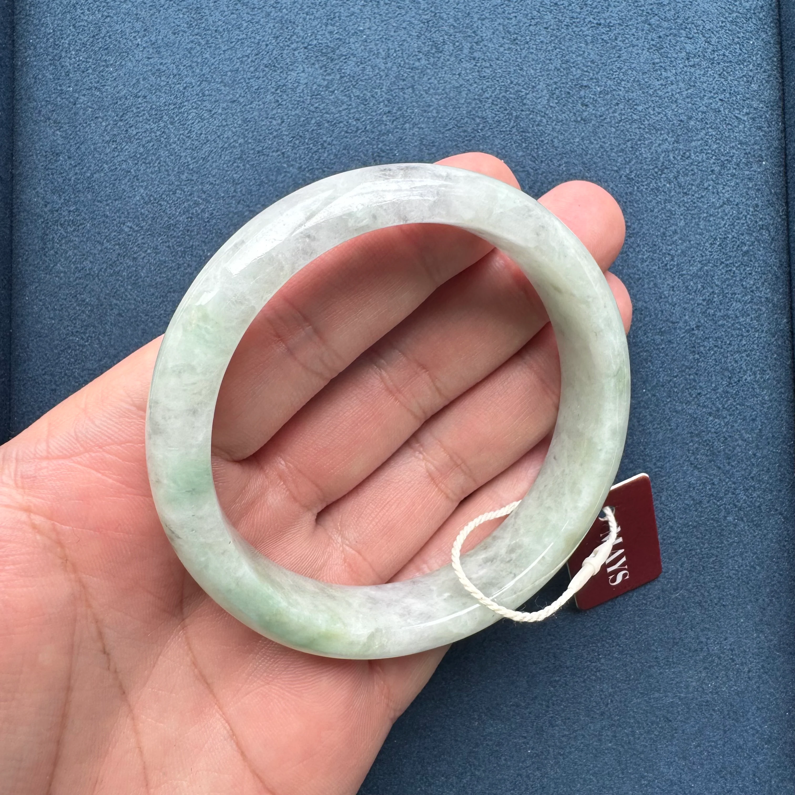 Genuine Grade A Light Grey and Light Green with Grey and Light Brown Spots Jadeite Jade Bracelet - 63mm Half Moon - Image 4