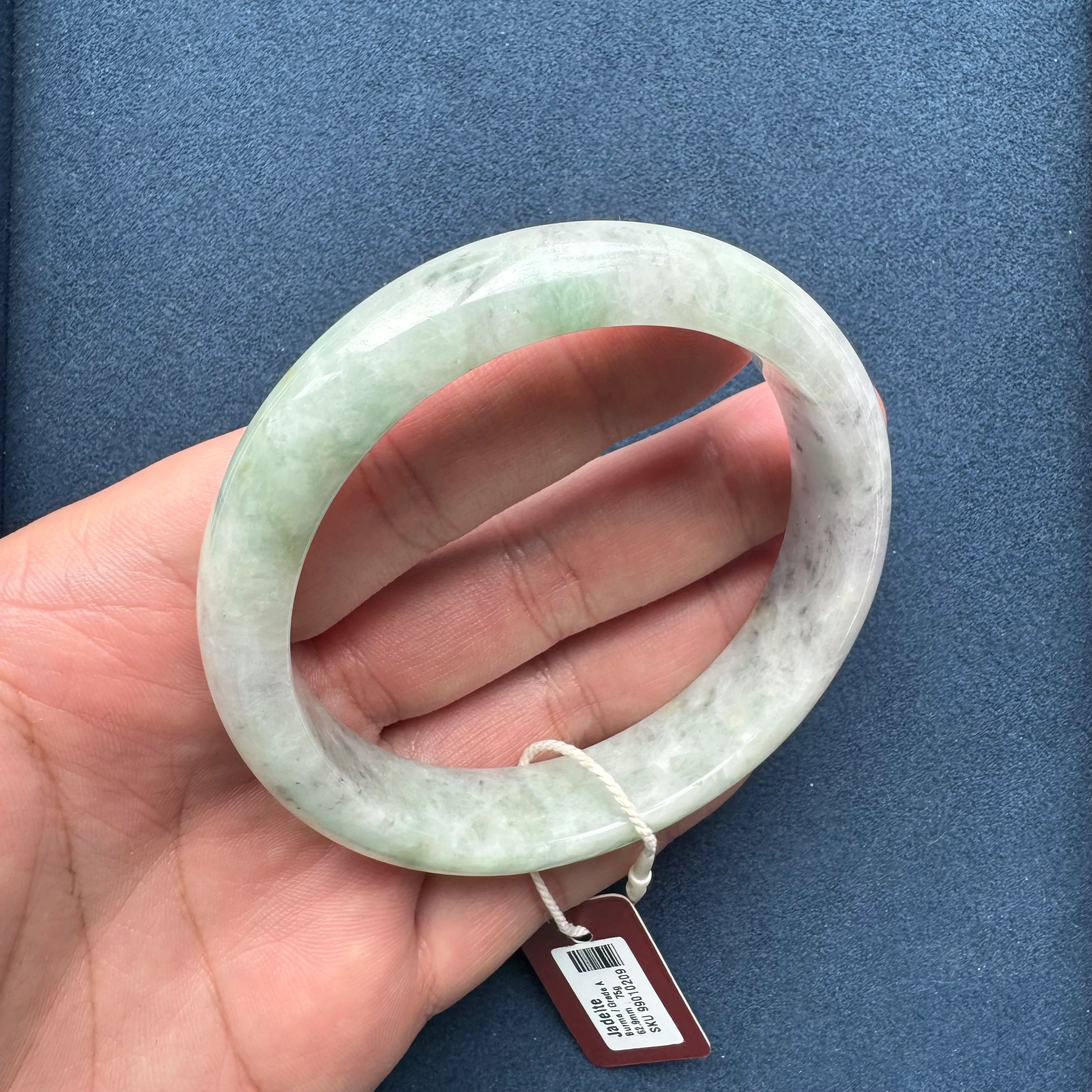 Genuine Grade A Light Grey and Light Green with Grey and Light Brown Spots Jadeite Jade Bracelet - 63mm Half Moon - Image 5