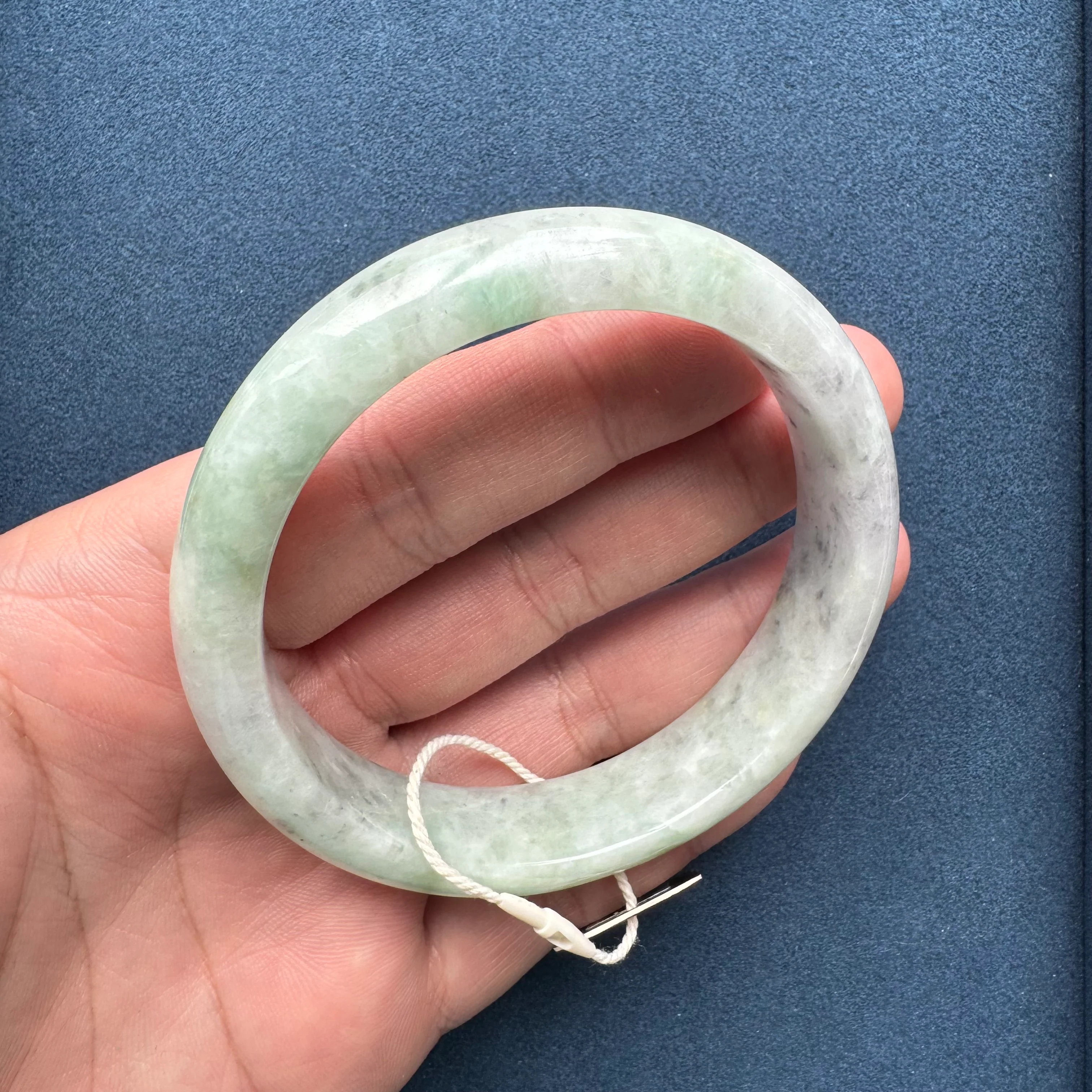 Genuine Grade A Light Grey and Light Green with Grey and Light Brown Spots Jadeite Jade Bracelet - 63mm Half Moon - Image 6