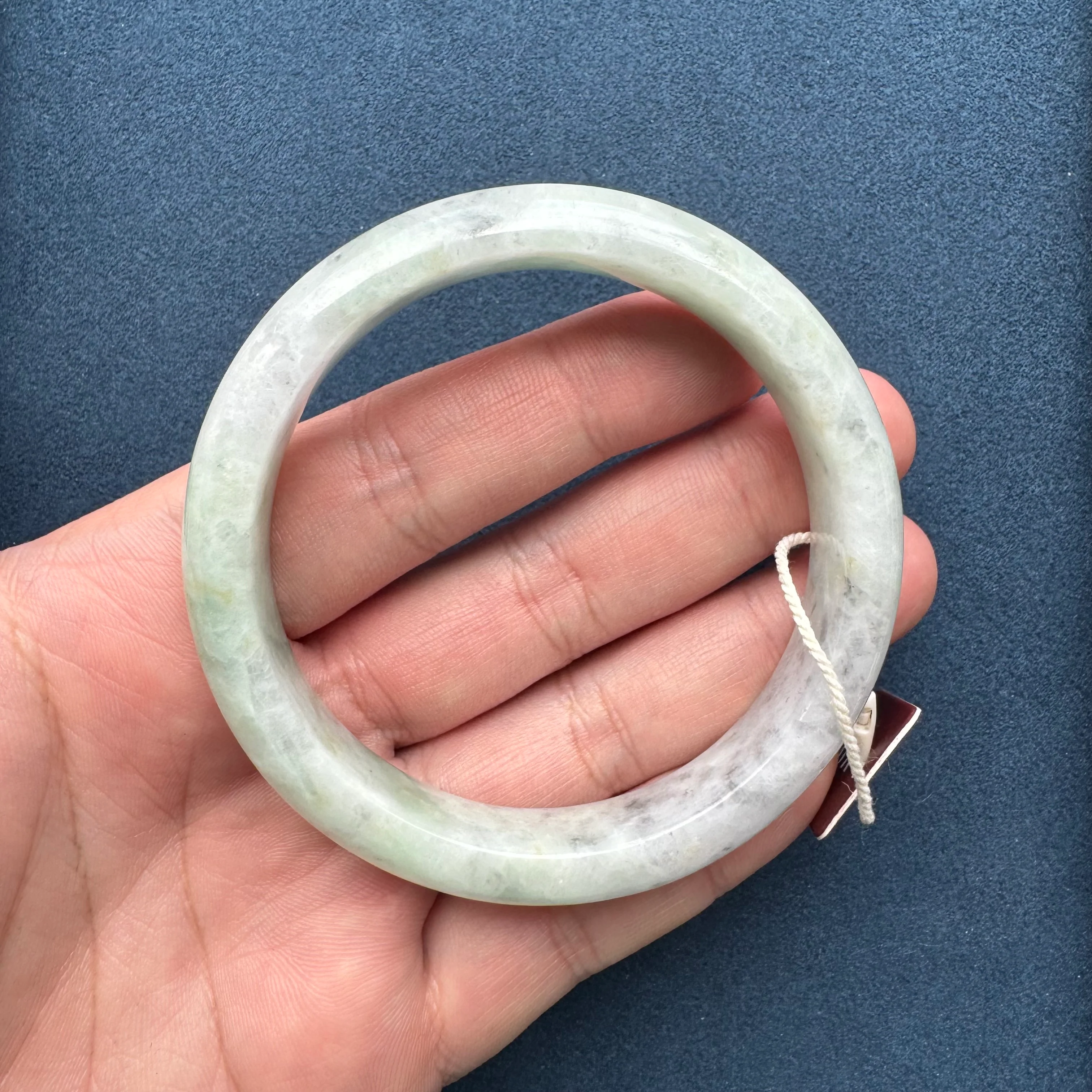 Genuine Grade A Light Grey and Light Green with Grey and Light Brown Spots Jadeite Jade Bracelet - 63mm Half Moon - Image 7