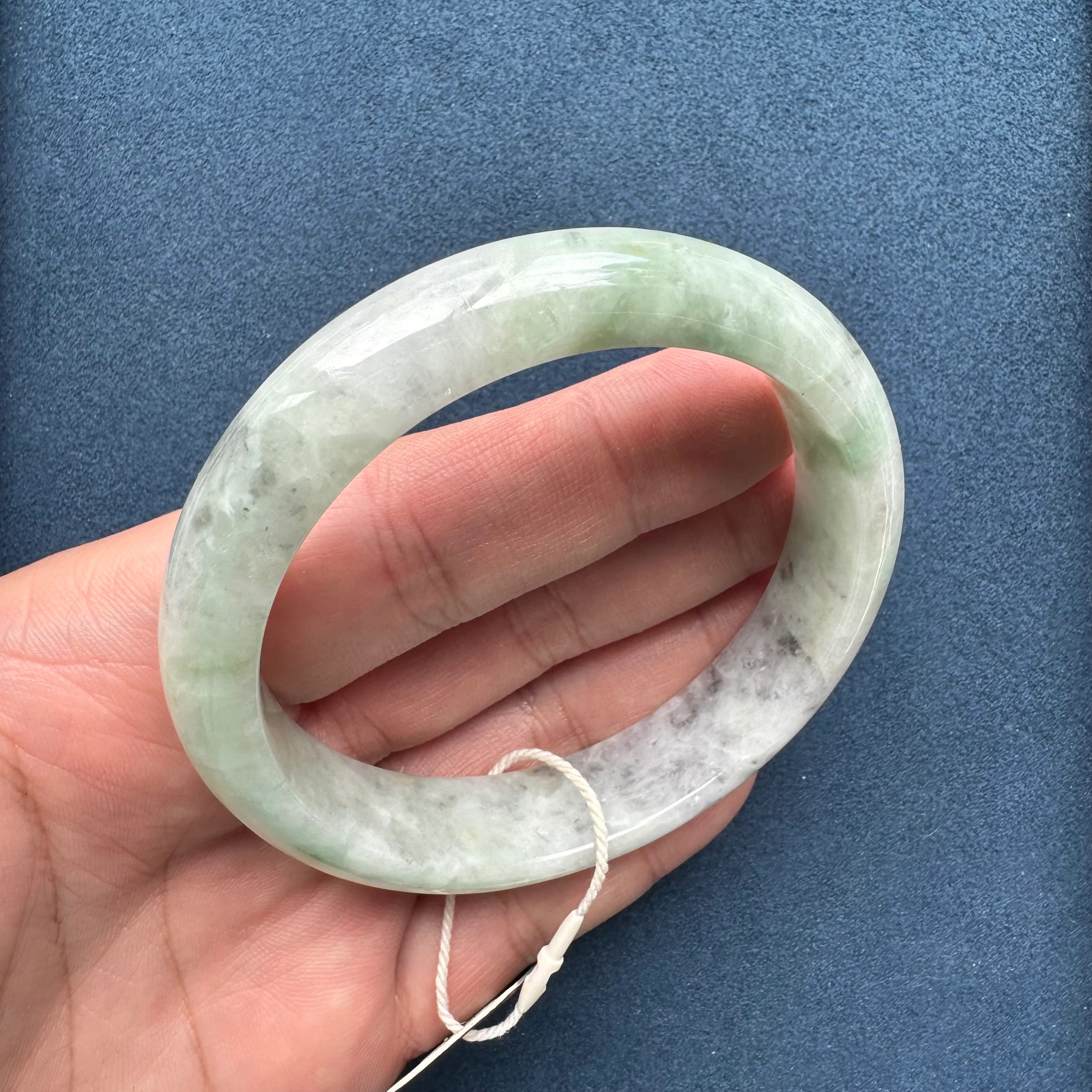 Genuine Grade A Light Grey and Light Green with Grey and Light Brown Spots Jadeite Jade Bracelet - 63mm Half Moon - Image 8