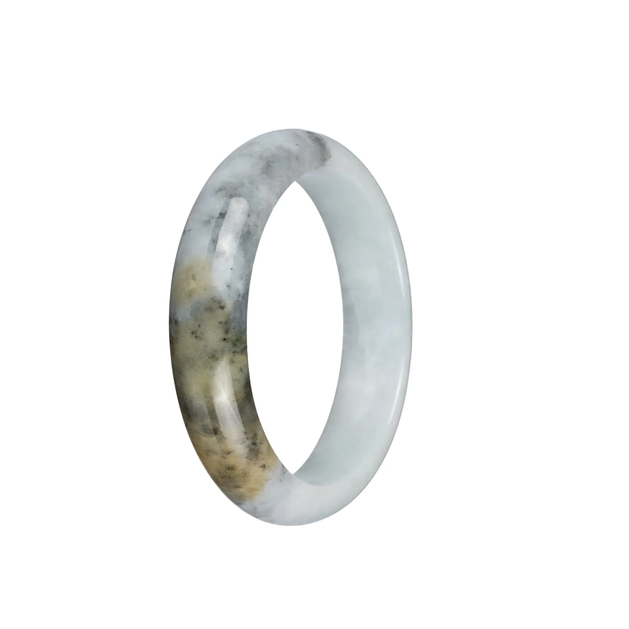 Genuine Grade A White with Grey and Brown Pattern Jadeite Jade Bangle Bracelet - 54mm Half Moon - Image 3