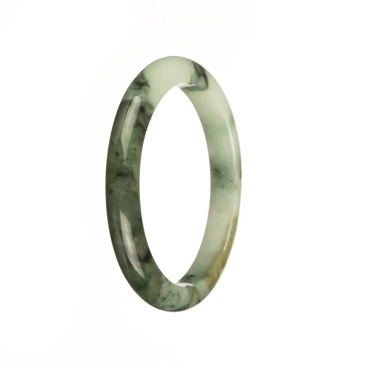 Authentic Grade A White and Green with Green Pattern Burmese Jade Bracelet - 53mm Half Moon