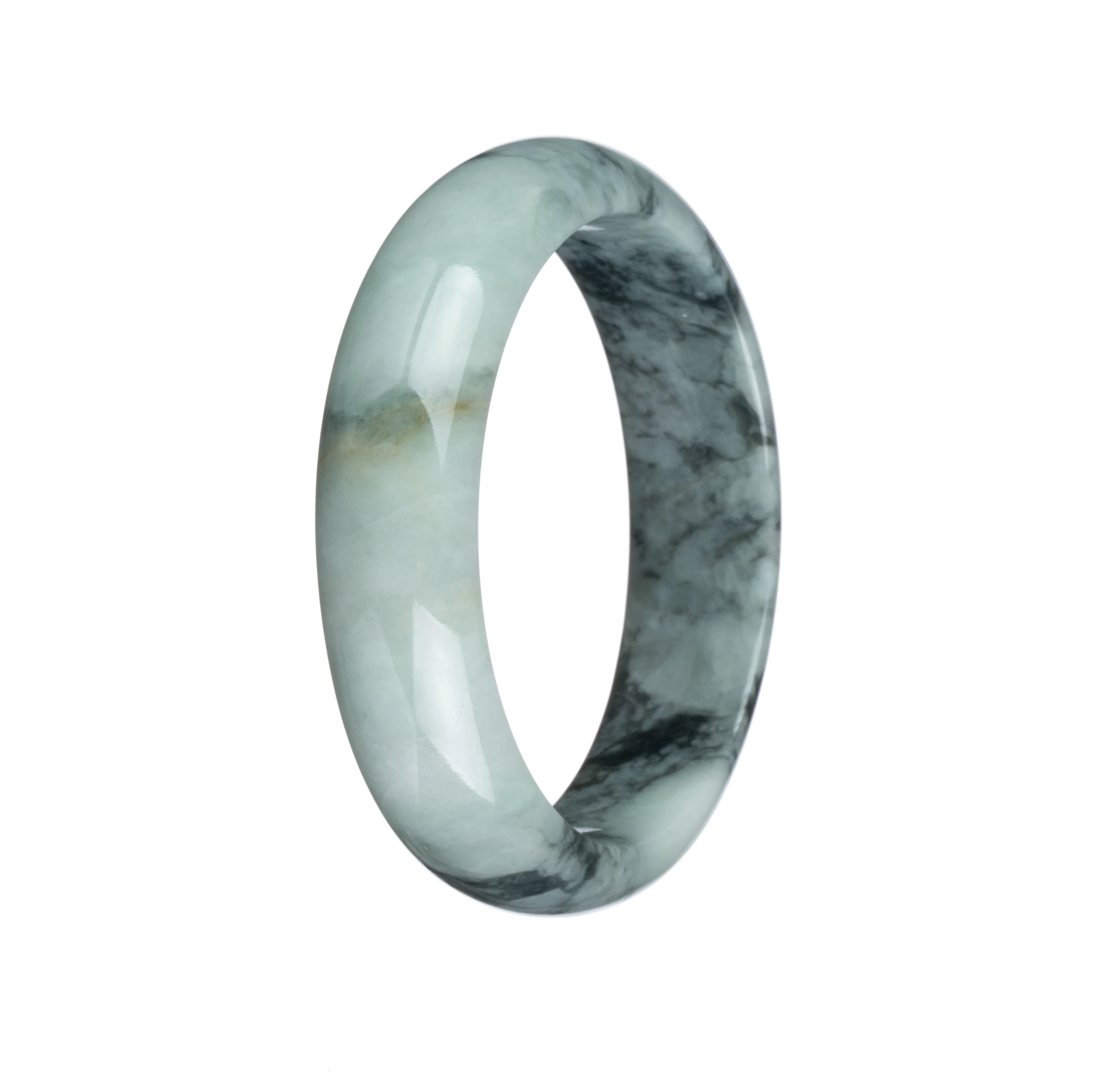 Certified Grade A Pale Green with Dark Green Pattern Jade Bangle Bracelet - 54mm Half Moon - Image 2