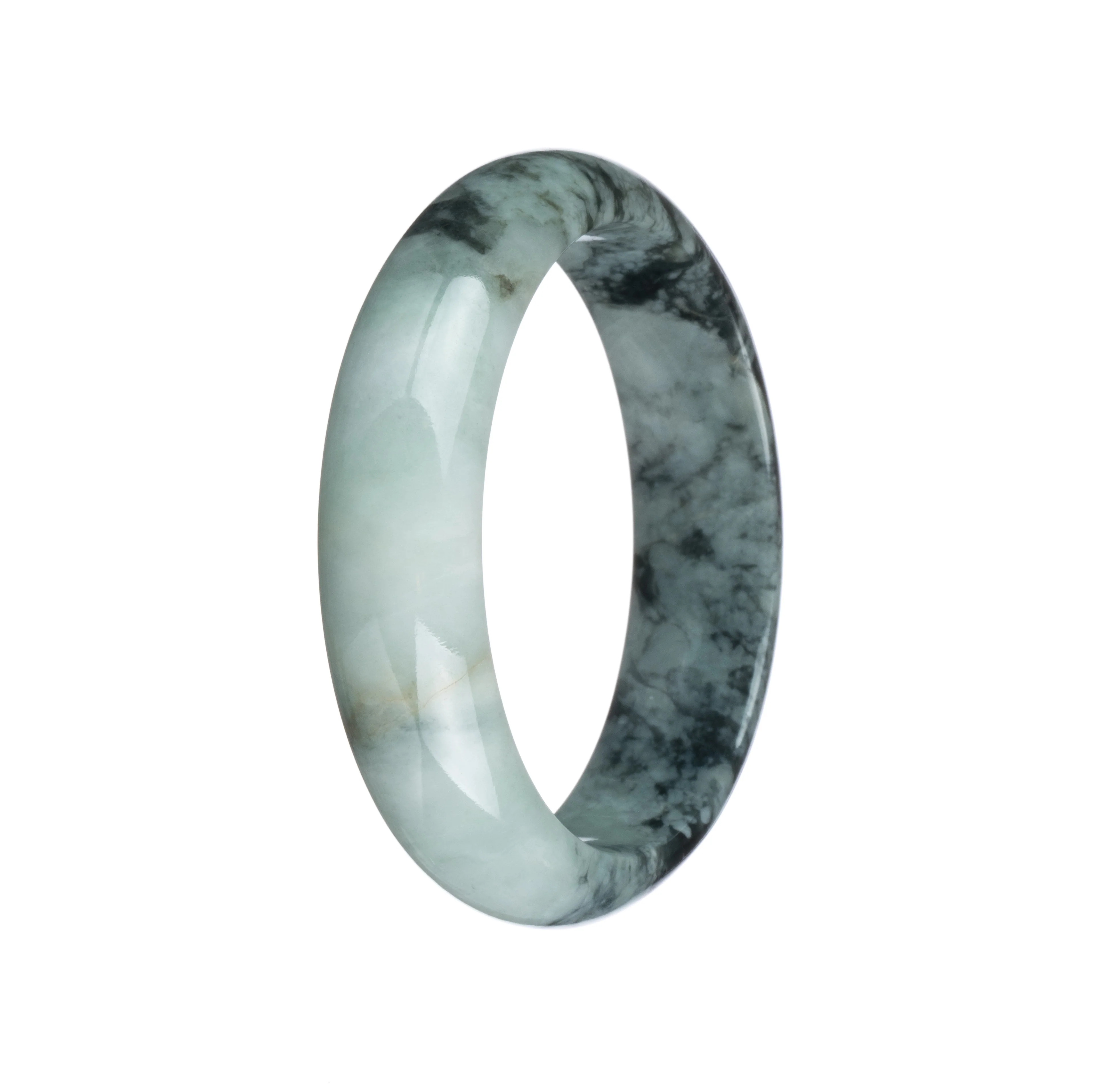 Certified Grade A Pale Green with Dark Green Pattern Jade Bangle Bracelet - 54mm Half Moon - Image 3