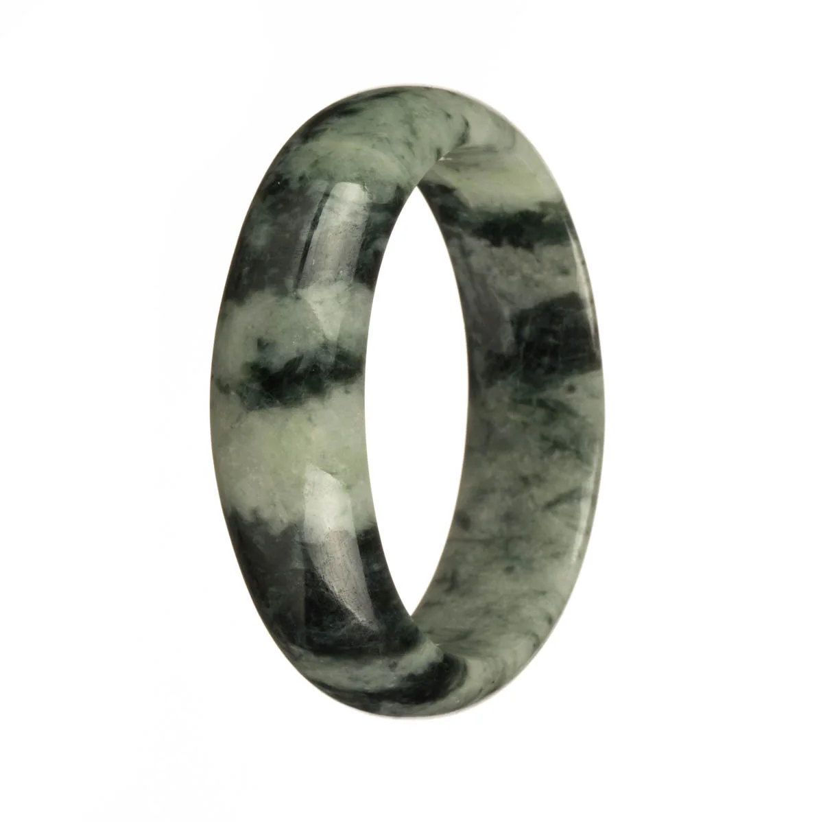 Certified Grade A Pale Green with Dark Green Patterns Traditional Jade Bracelet - 58mm Semi Round - Image 3