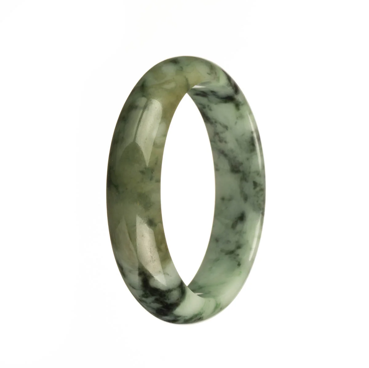 Real Untreated Green with Dark Green Pattern Traditional Jade Bangle - 55mm Half Moon