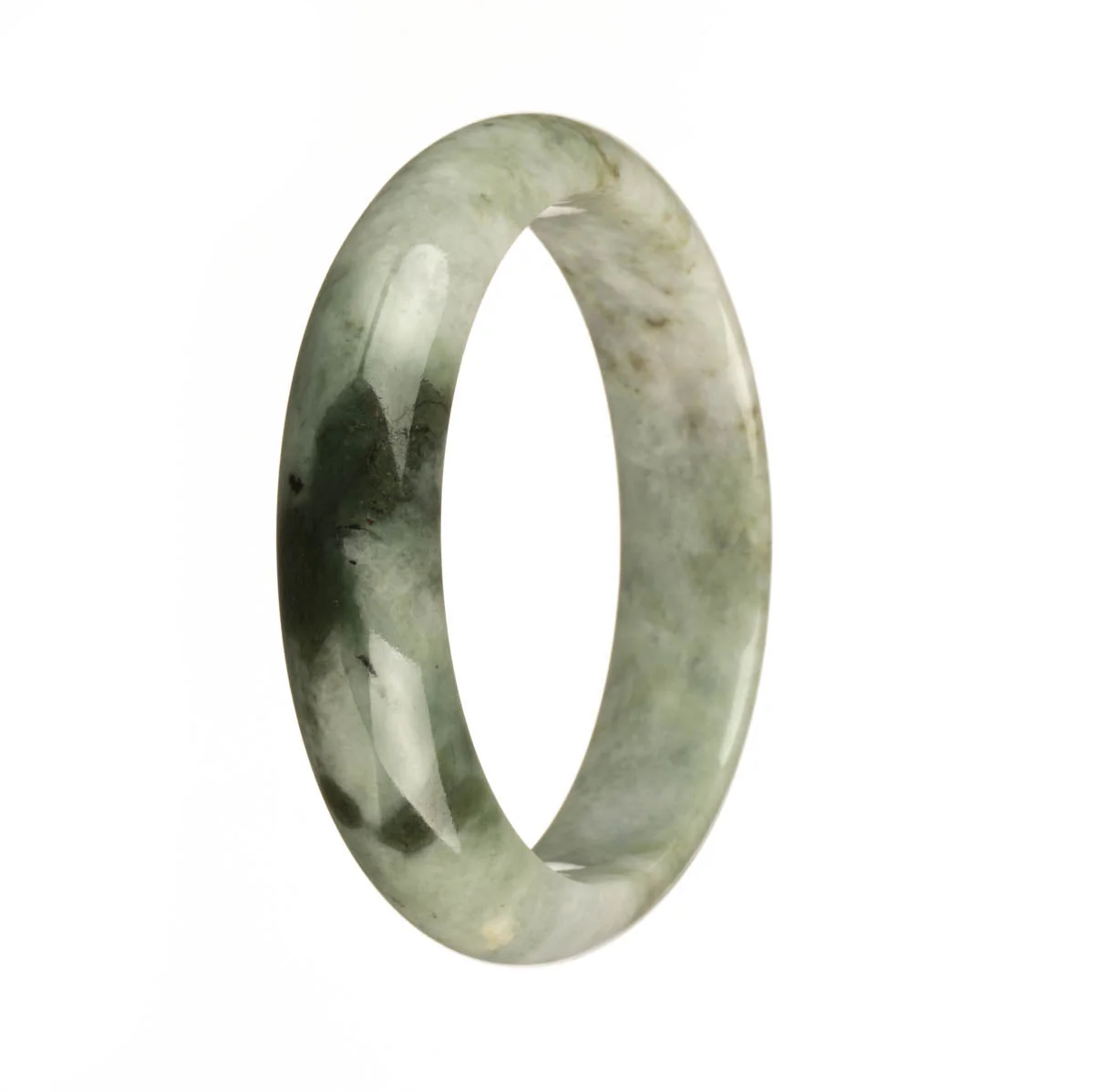 Authentic Natural Grey with Dark Green Patterns and Brown Patches Jadeite Jade Bangle - 59mm Half Moon