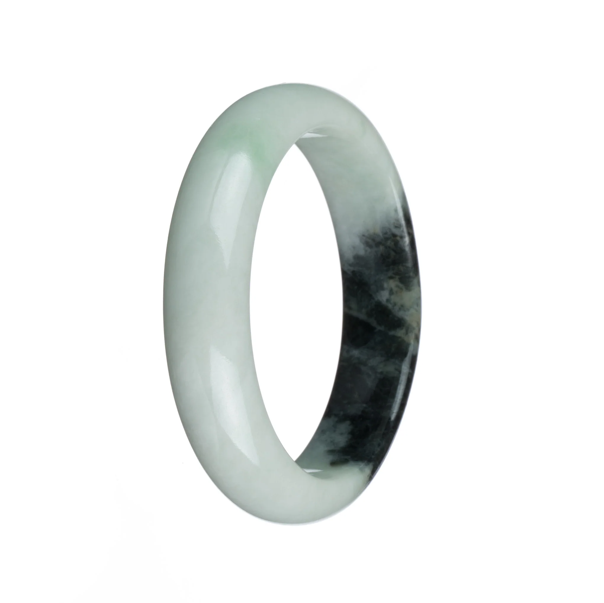 Genuine Grade A Pale Green with Dark Green Patterns and Apple Green Patch Burma Jade Bracelet - 55mm Half Moon - Image 2