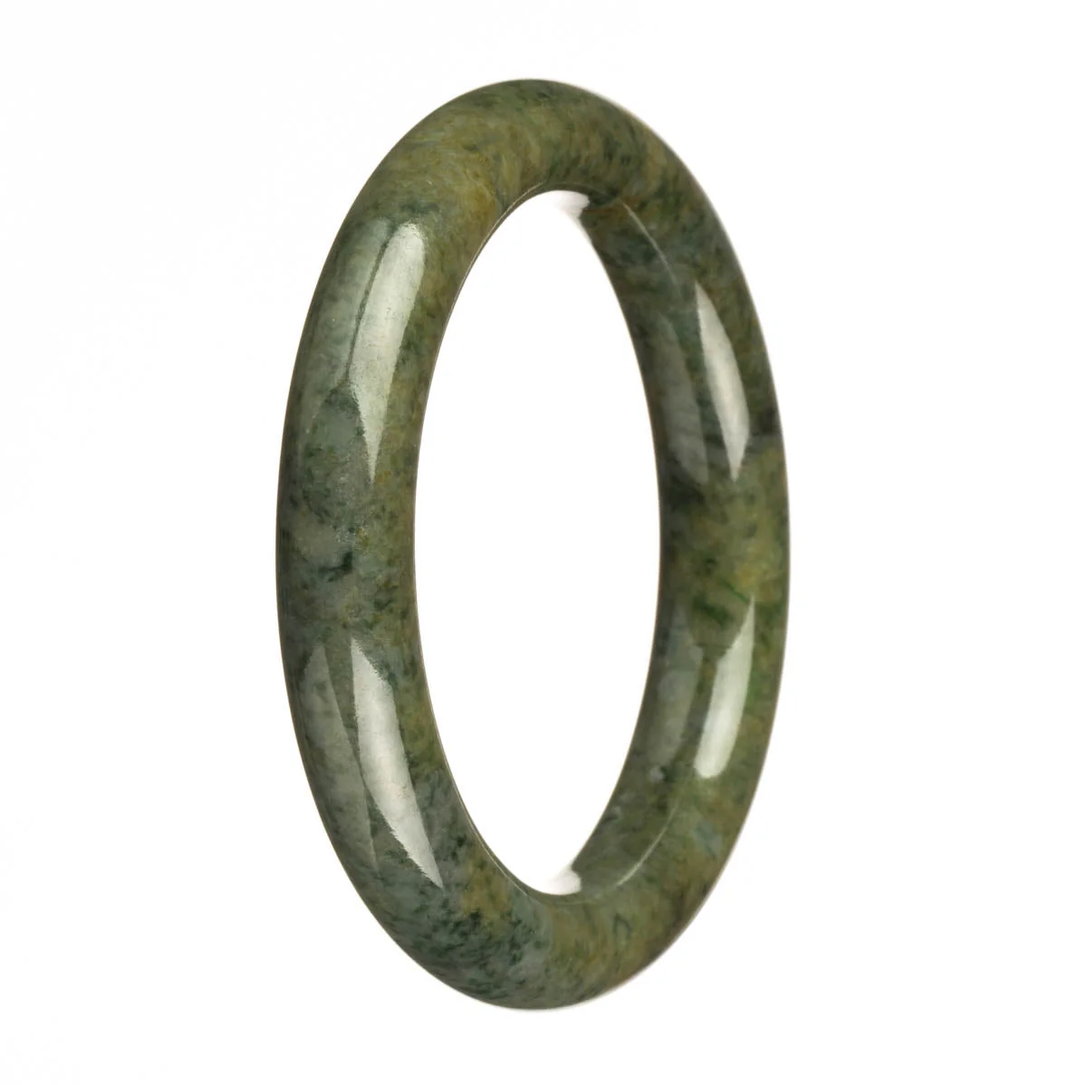 Genuine Grade A Dark Green with Apple Green Spots Jade Bangle - 61mm Petite Round - Image 2