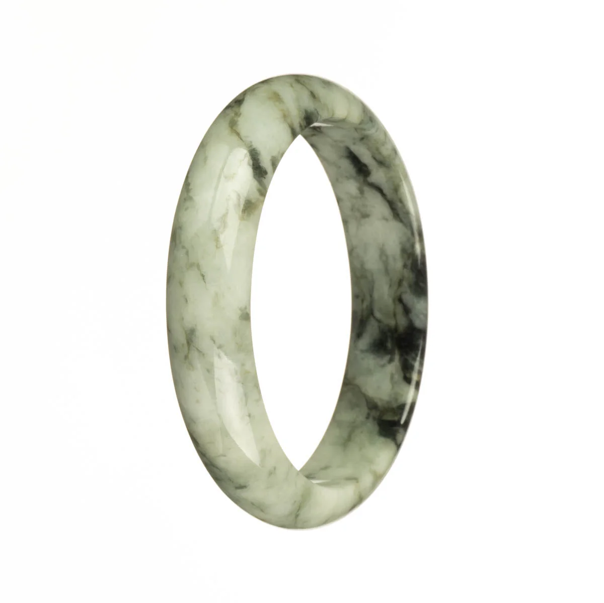 Certified Type A White with Dark Green Patterns Traditional Jade Bracelet - 58mm Half Moon - Image 2