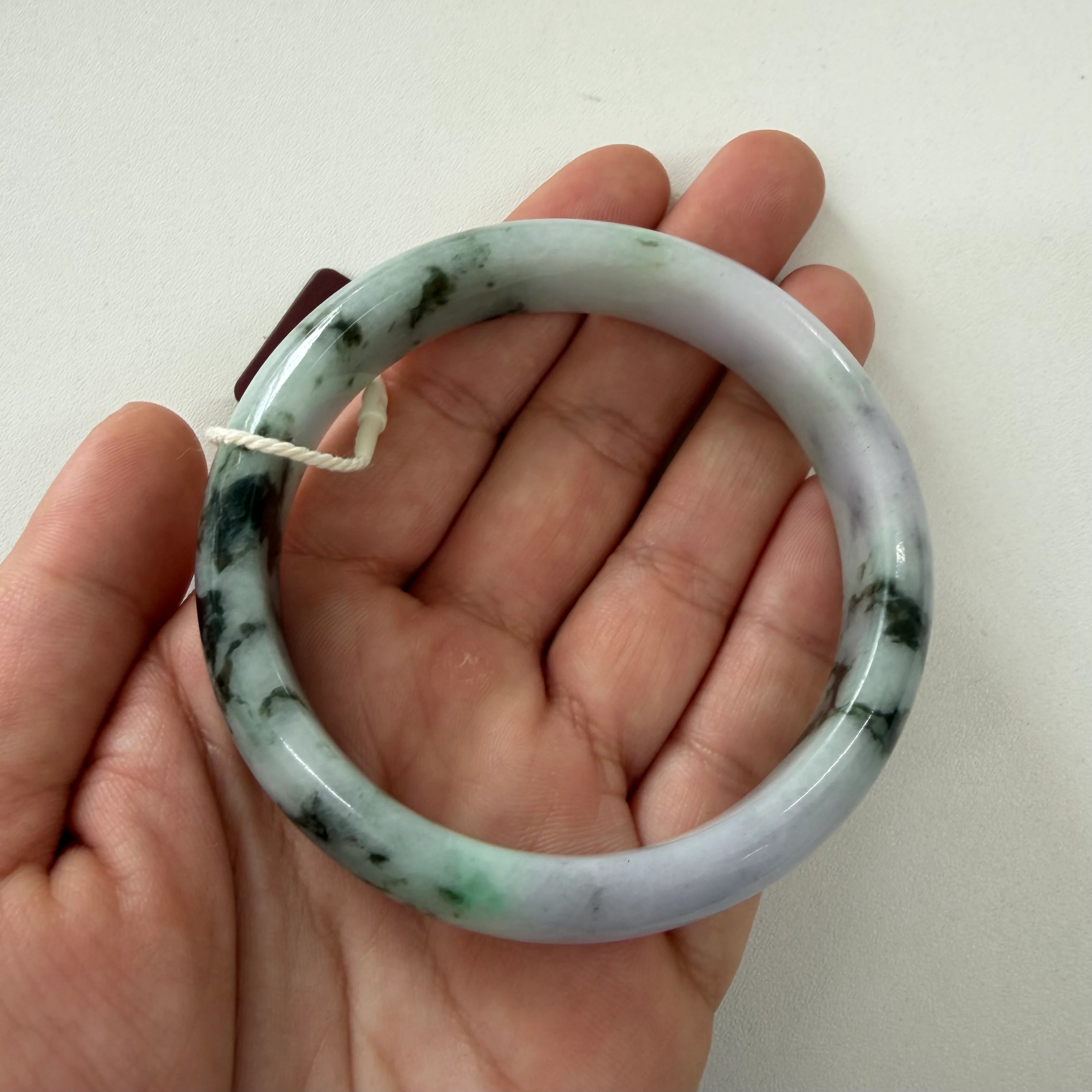 Genuine Light Lavender with Green Pattern Traditional Jade Bangle - 56mm Half Moon - Image 6